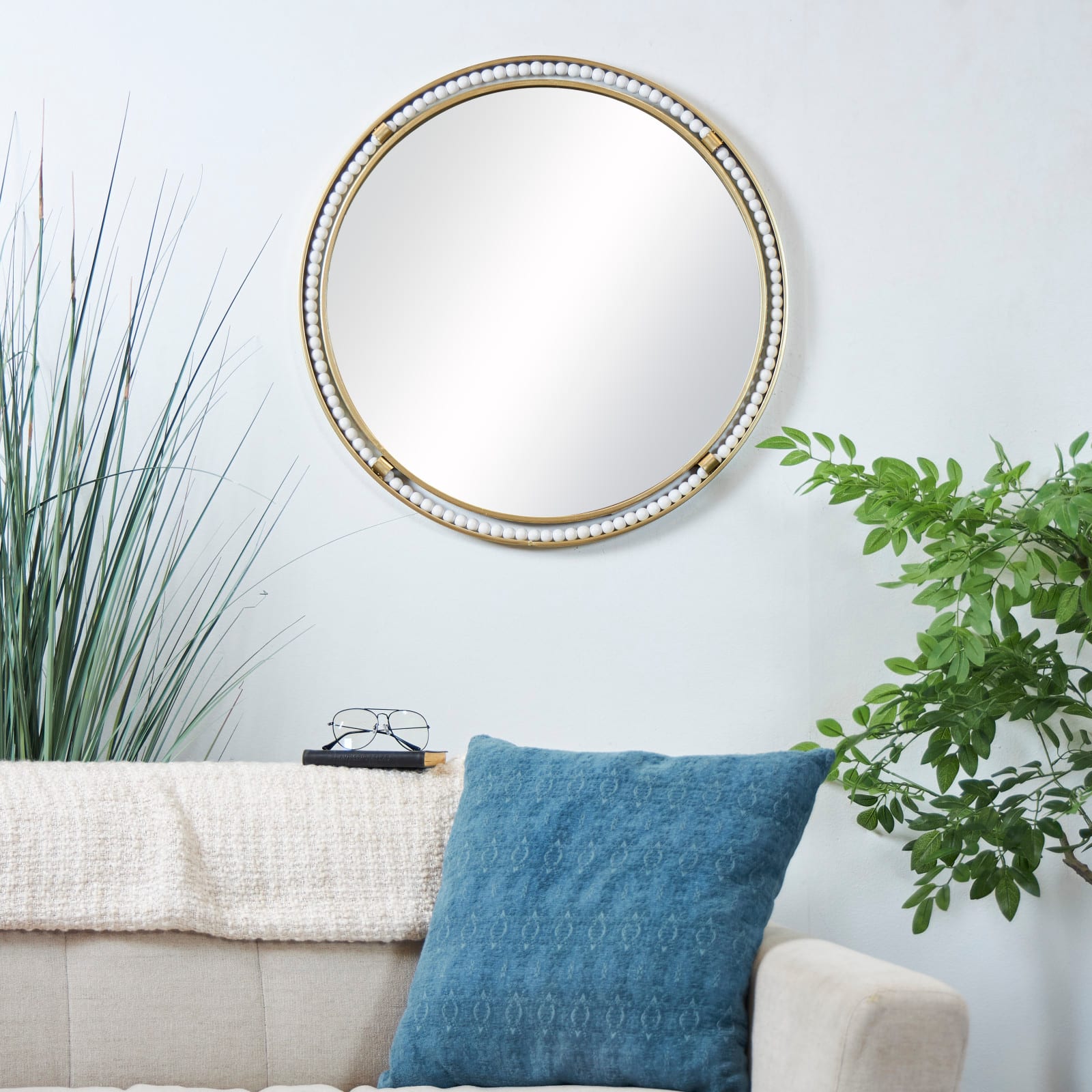 26&#x22; Gold Metal Wall Mirror with White Wood Beading
