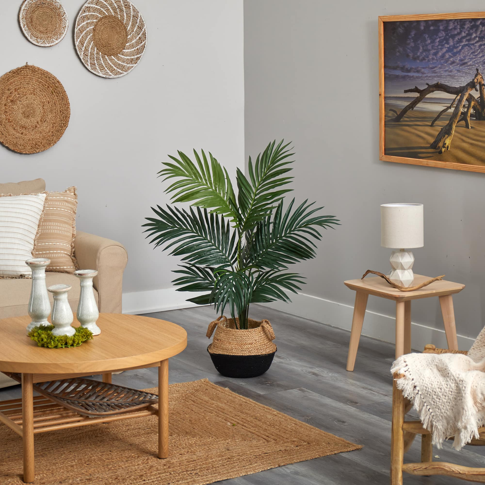 4ft. Kentia Palm Artificial Tree in Boho Chic Handmade Cotton &#x26; Jute Black Woven Planter