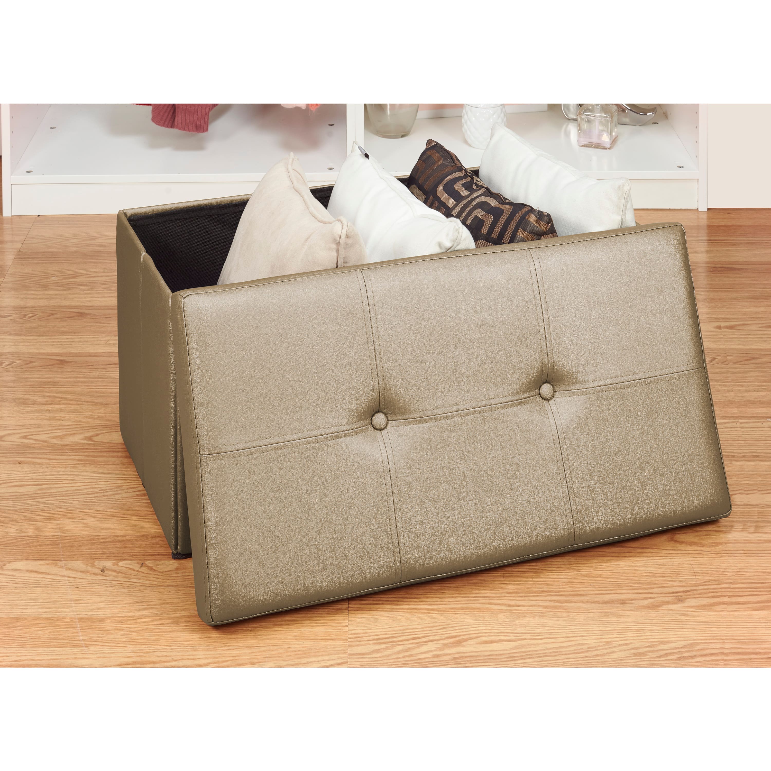 Simplify Metallic Brown Faux Leather Double Folding Storage Ottoman