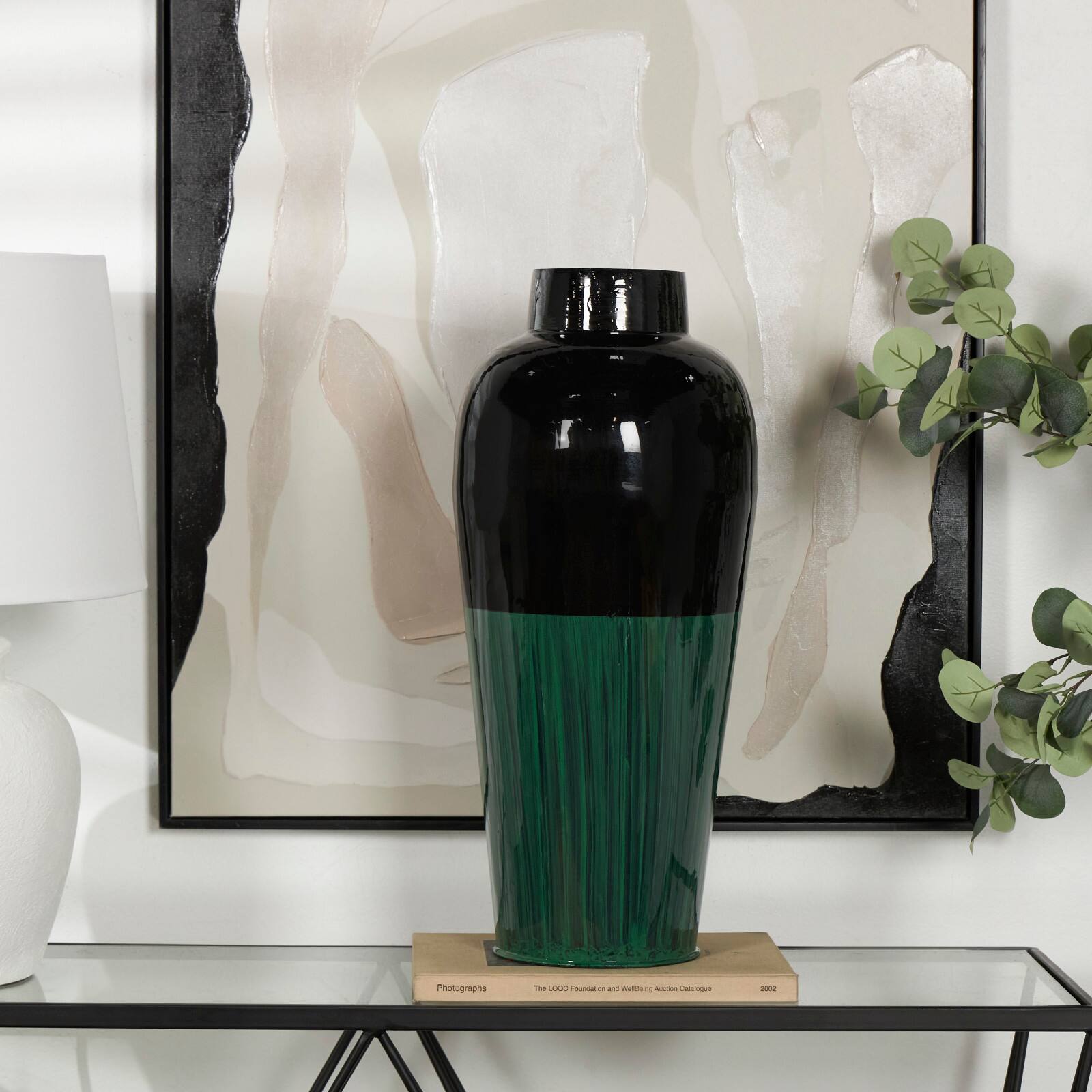 Green Metal Colorblock Vase with Paint Streak Design