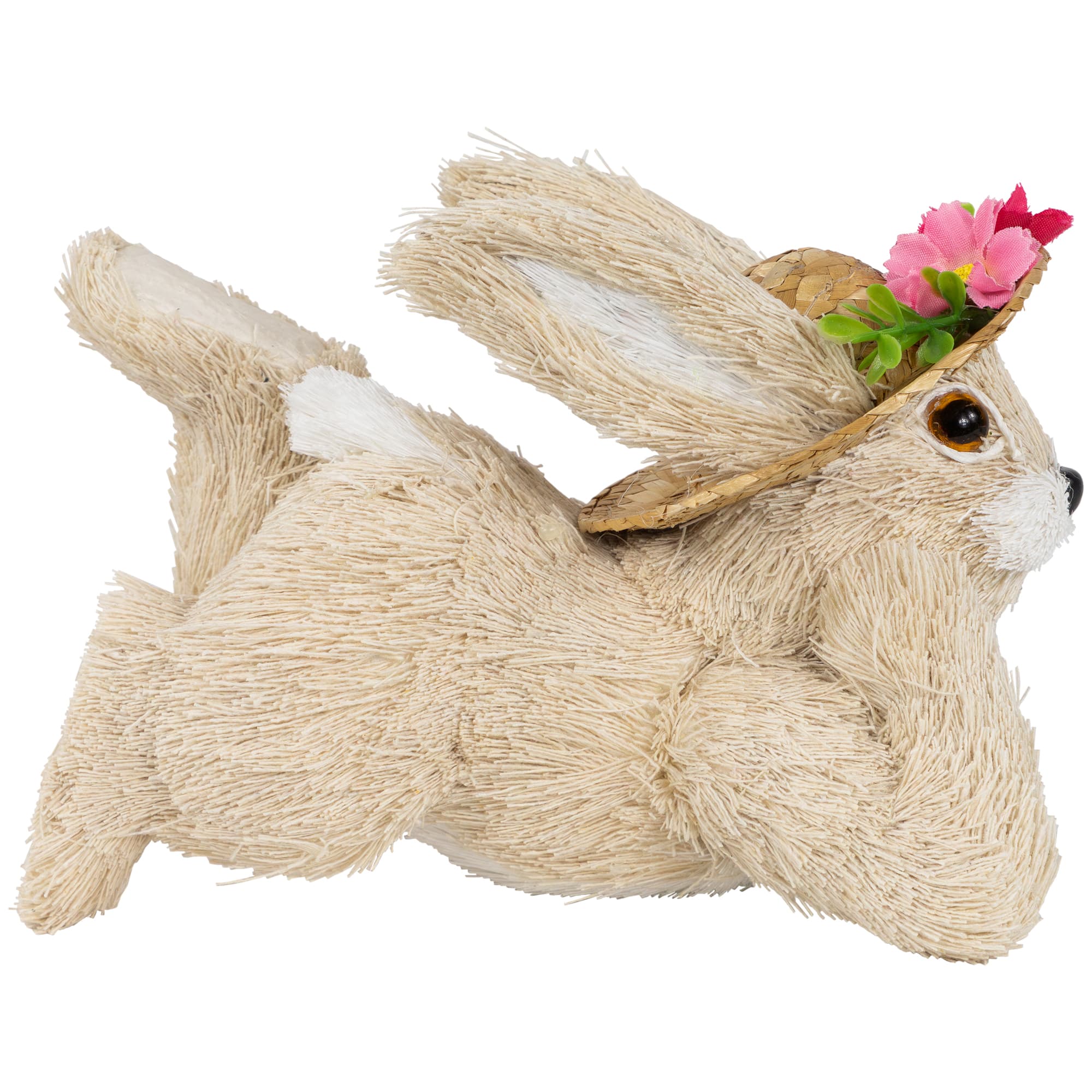 8.75&#x22; Beige Rabbit with Floral Straw Hat Easter Figurine