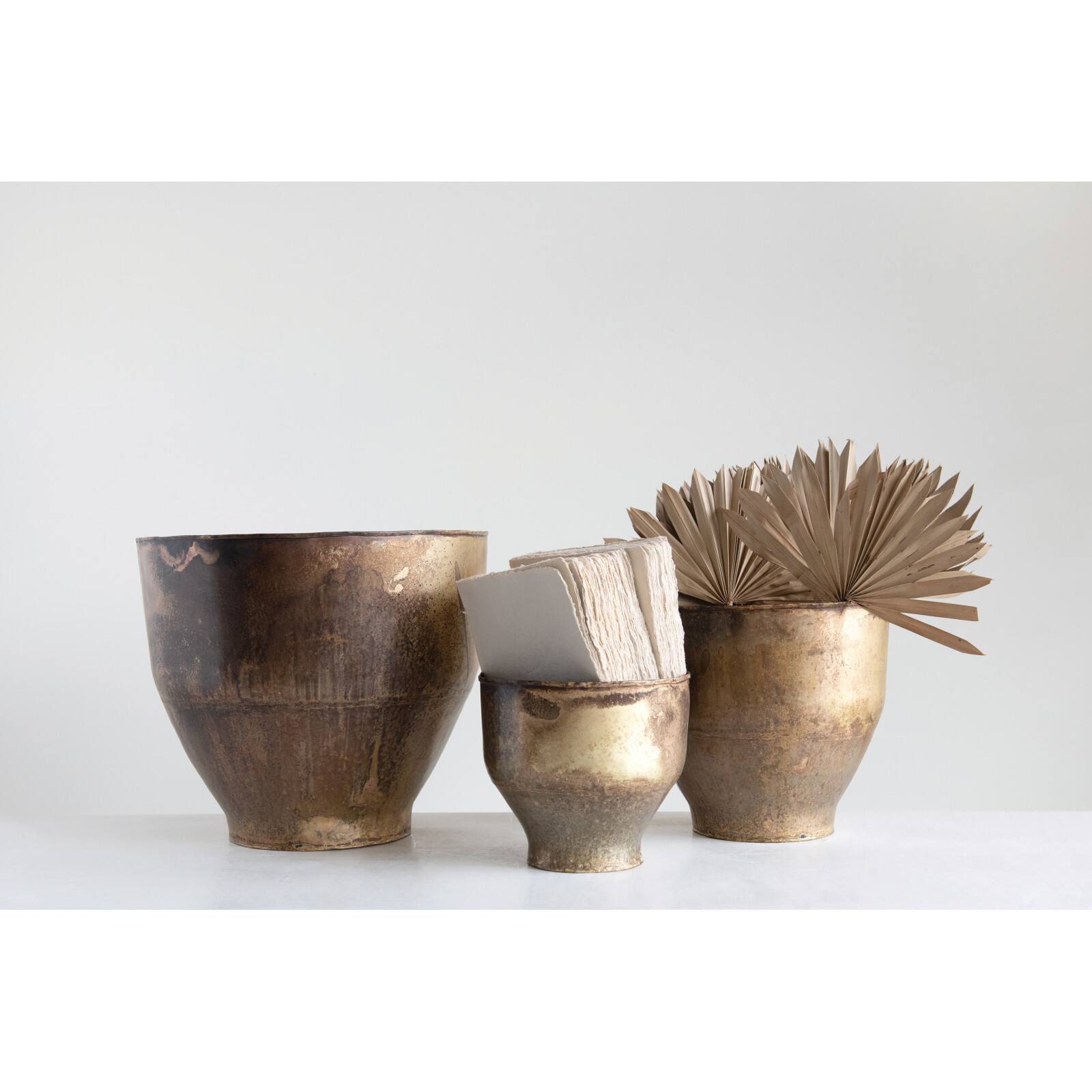 Antique Brass Finish Metal Planters Set, 3ct.