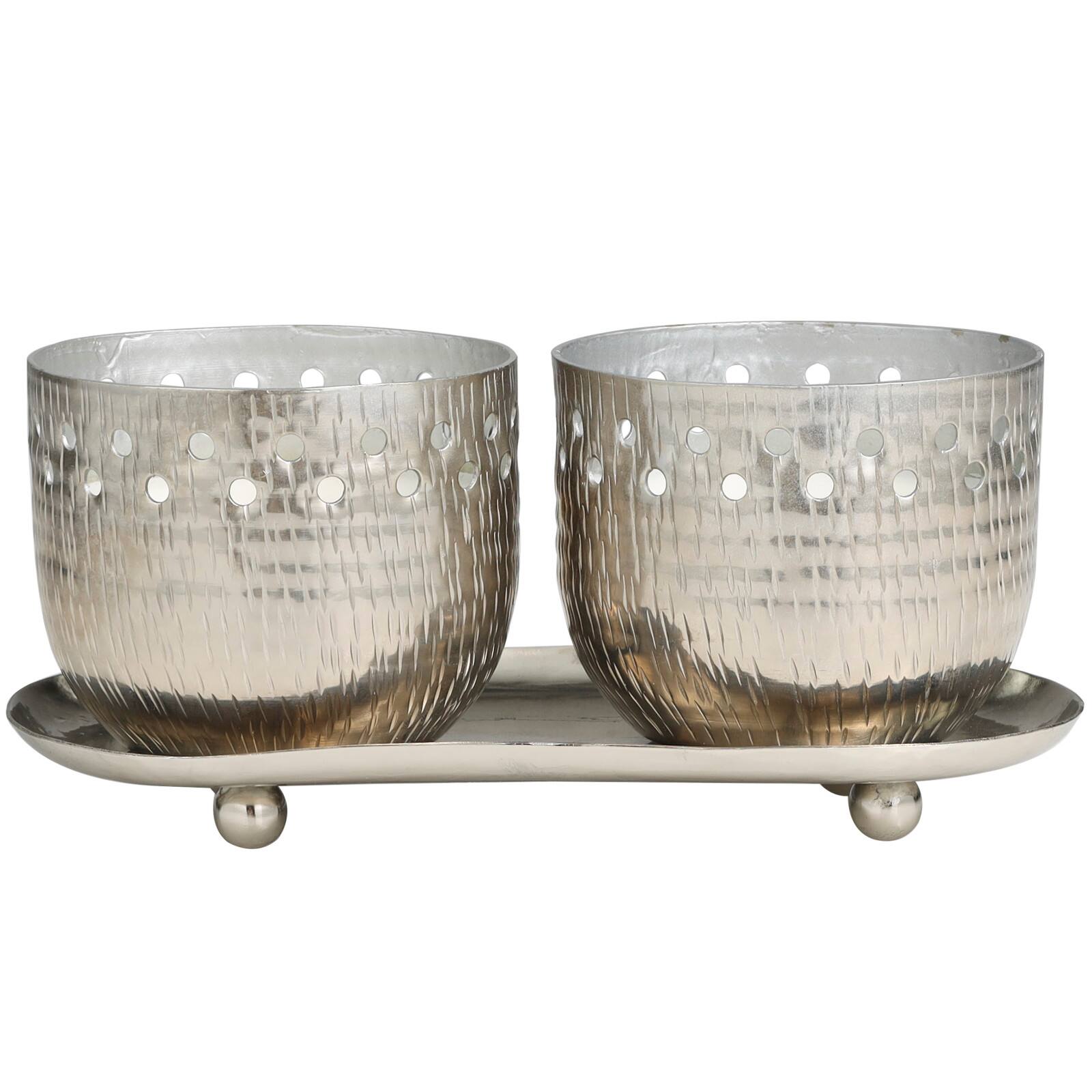 White Wax Vanilla Marshmallow Scented Candle Set with Cutout Spotted Silver Container and Oval Holding Tray