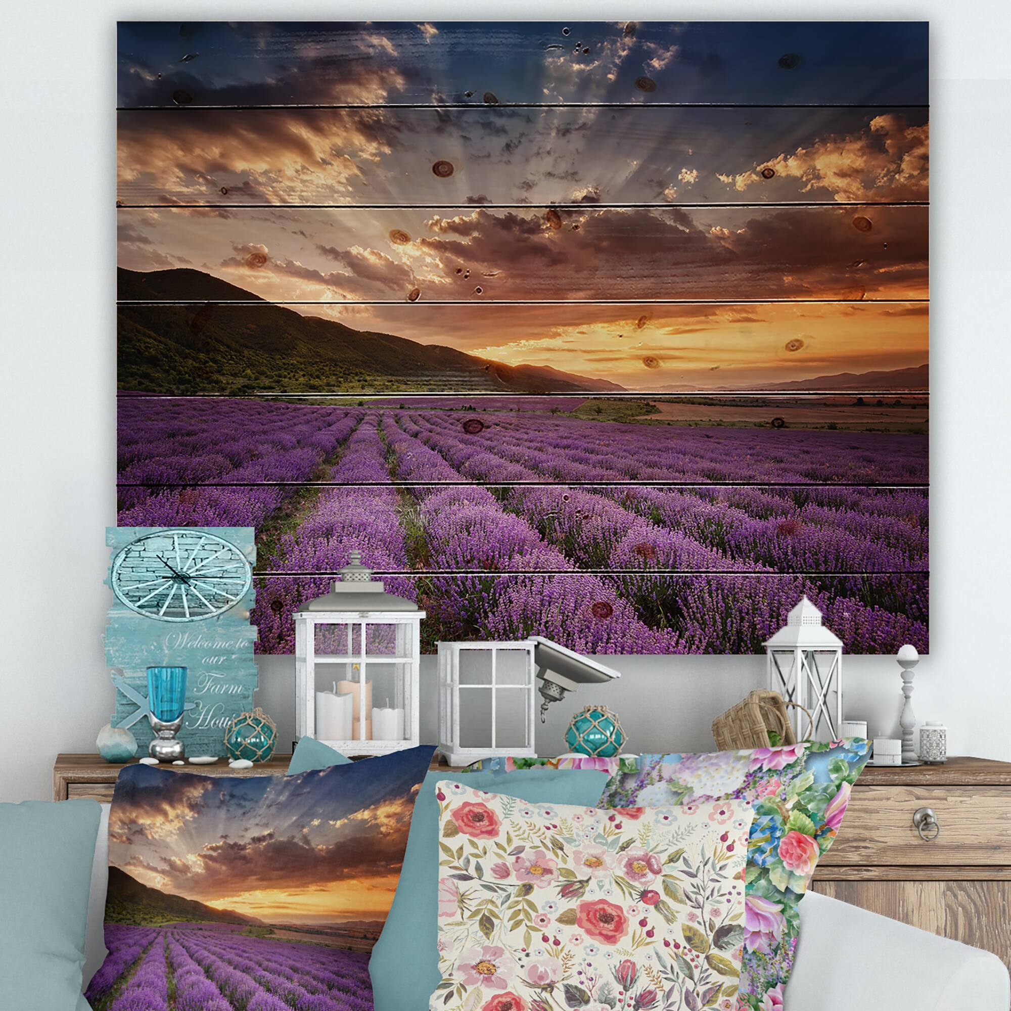 Designart - Sunrise &#x26; Dramatic Clouds Over Lavender Field X - Farmhouse Print on Natural Pine Wood