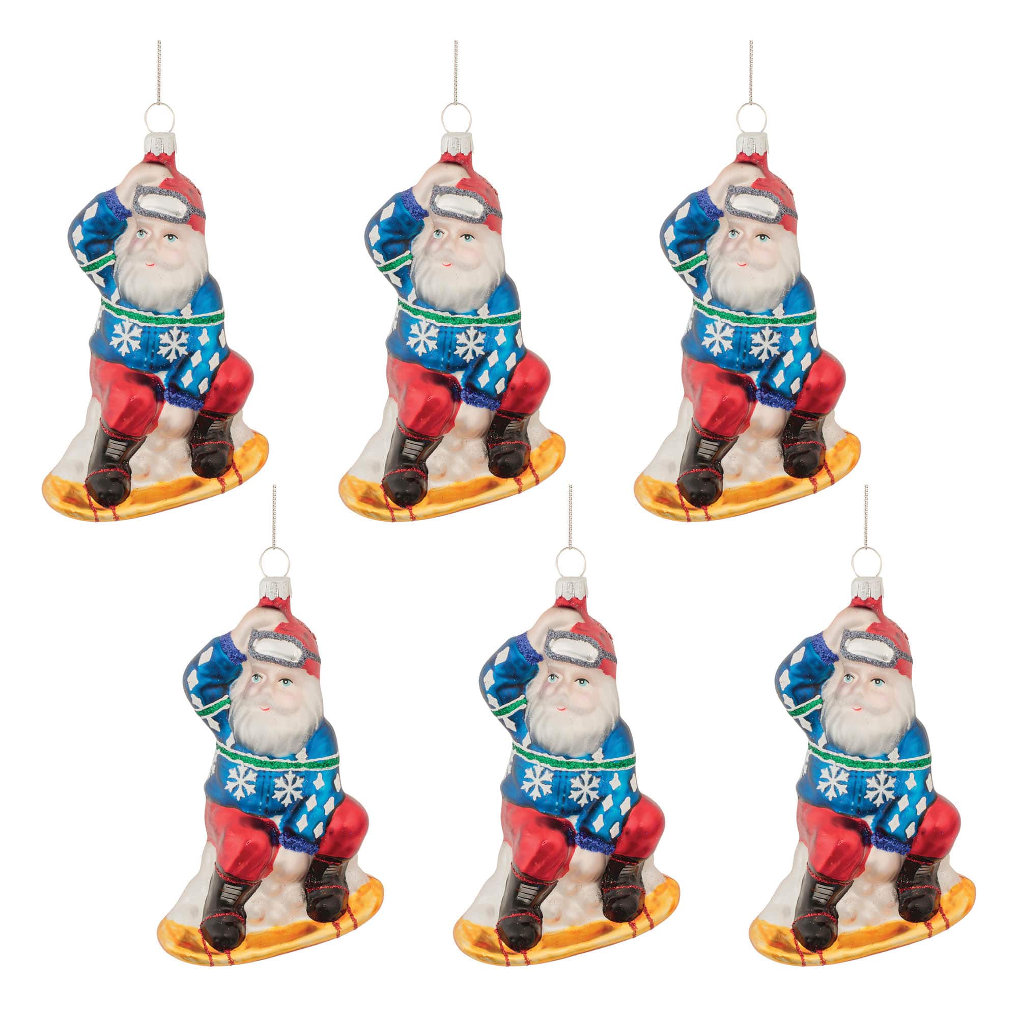 Red & Blue Glass Snowboarding Santa Christmas Ornaments, 6ct.