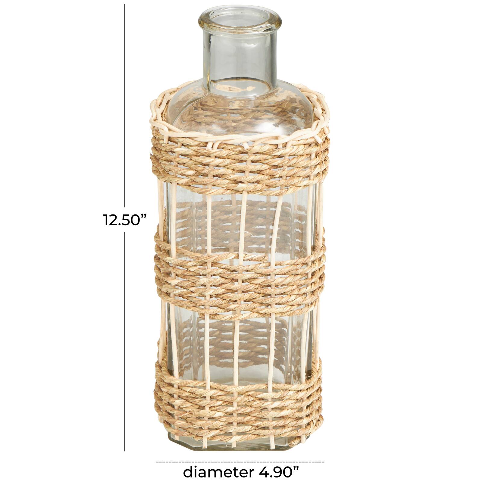 13" Clear Glass Handmade Vase with Light Brown Rattan Woven Body