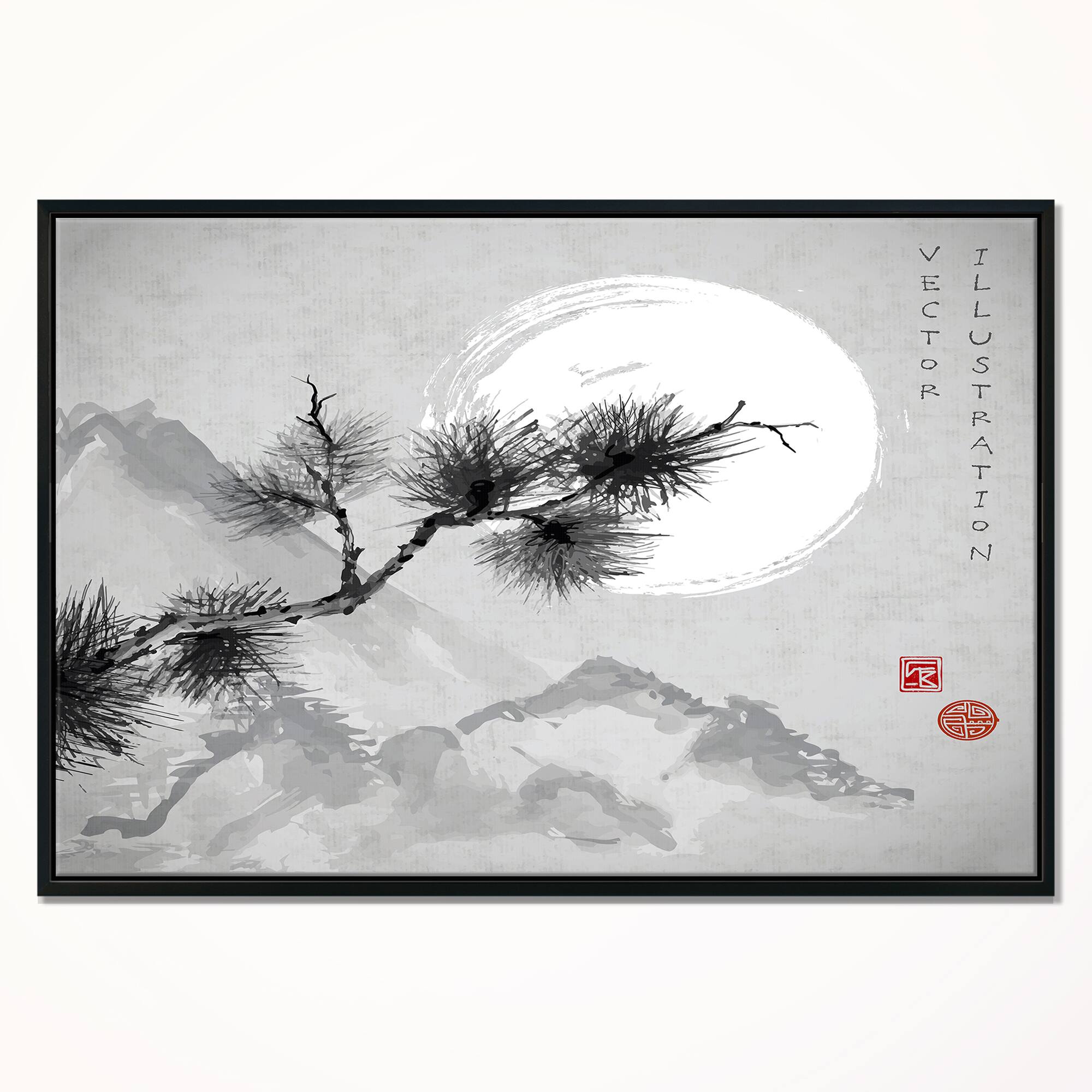 Designart - Pine Tree Branch - Japanese Canvas Art Print in Black Frame