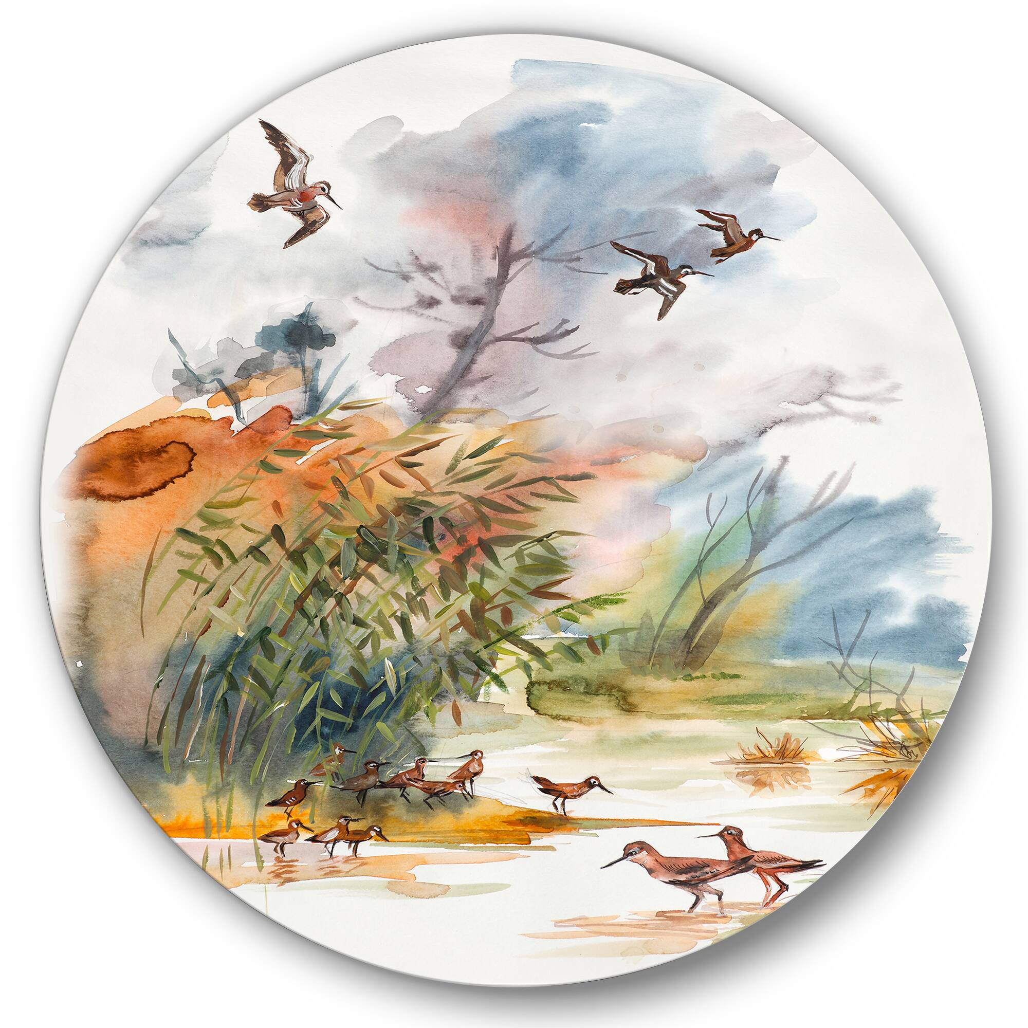 Designart - Autumn Landscape With Flying Over The Water - Traditional Metal Circle Wall Art