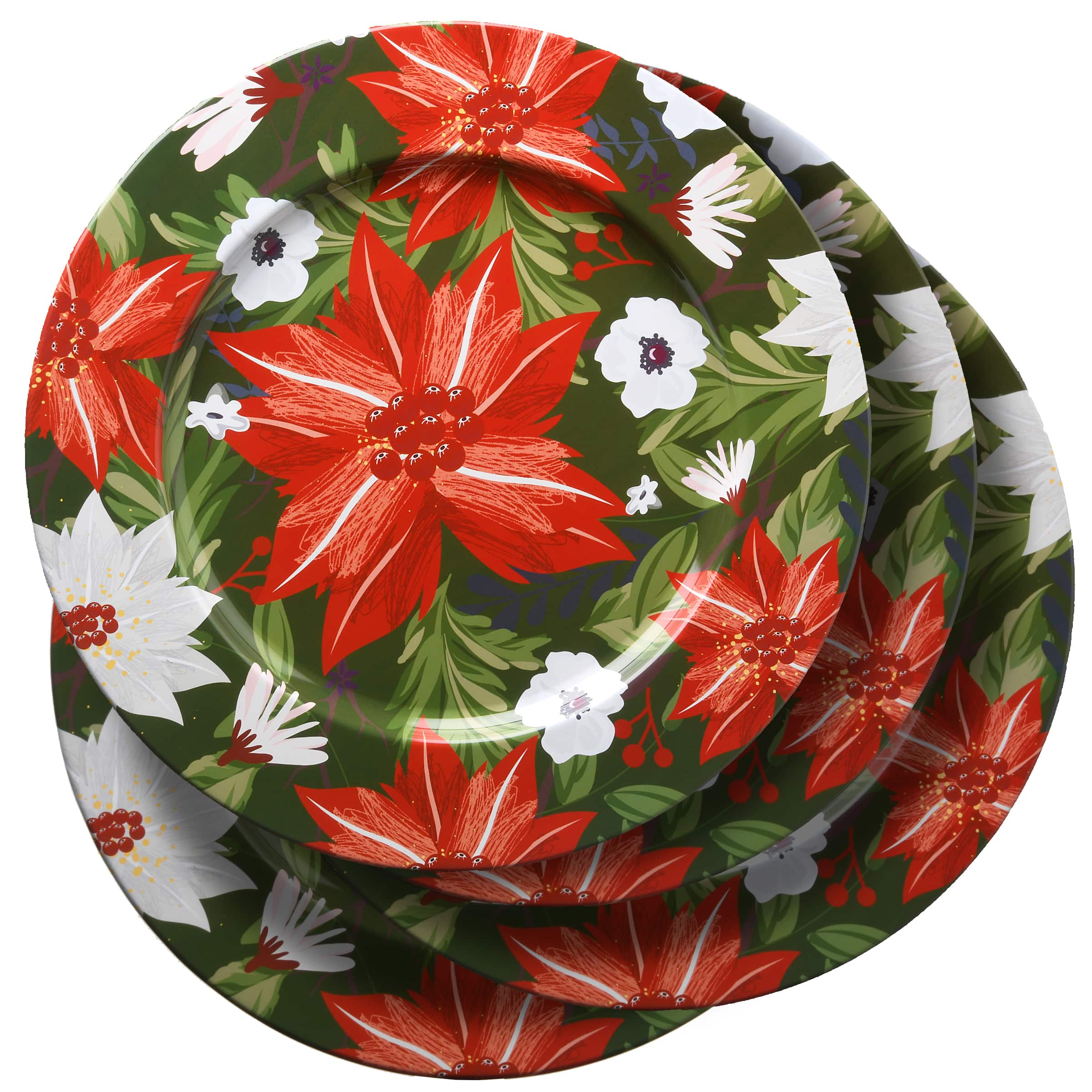 13&#x22; Red, White &#x26; Green Flowers Holiday Chargers 4 Pack