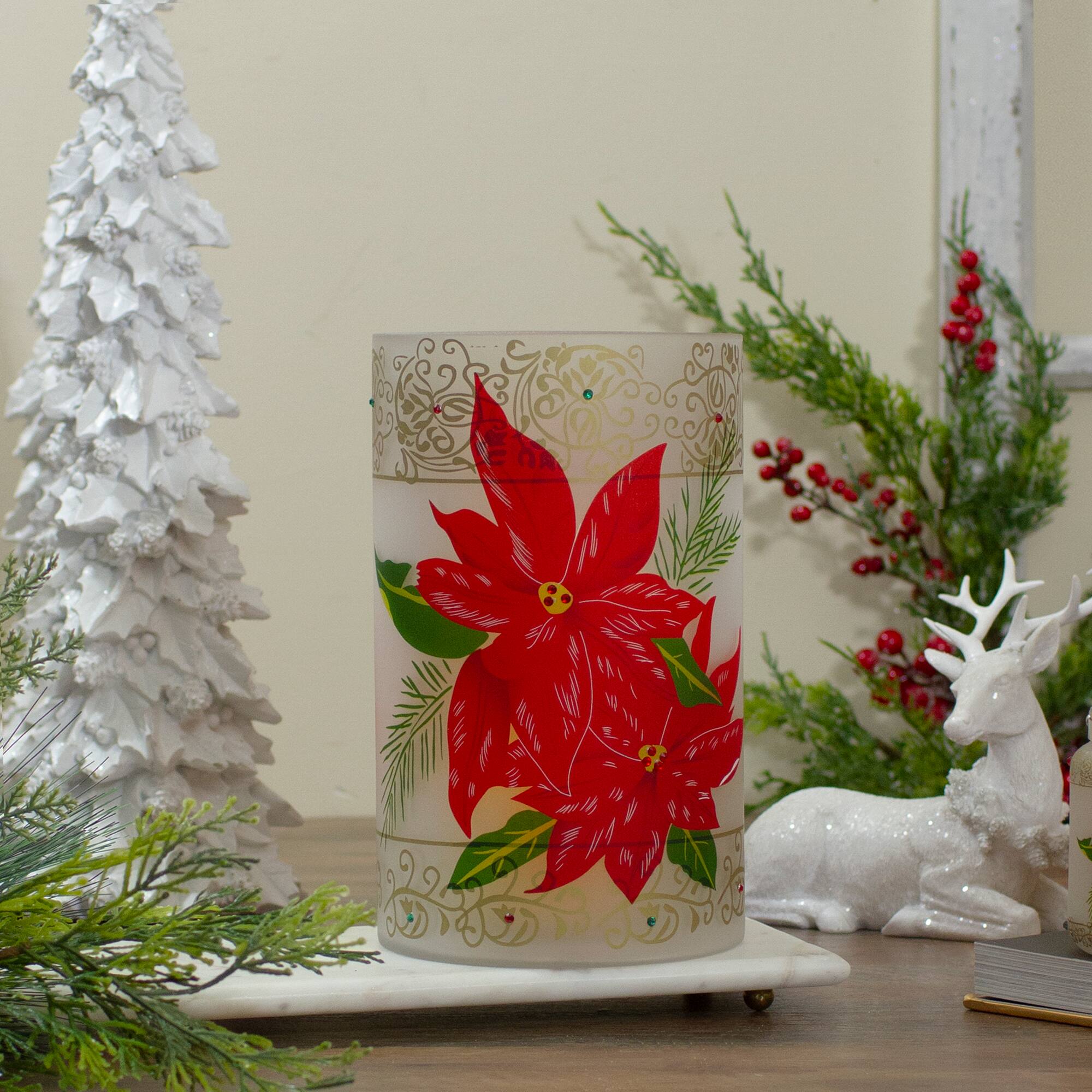 10&#x22; Poinsettias &#x26; Gold Flameless Glass Christmas Candle Holder
