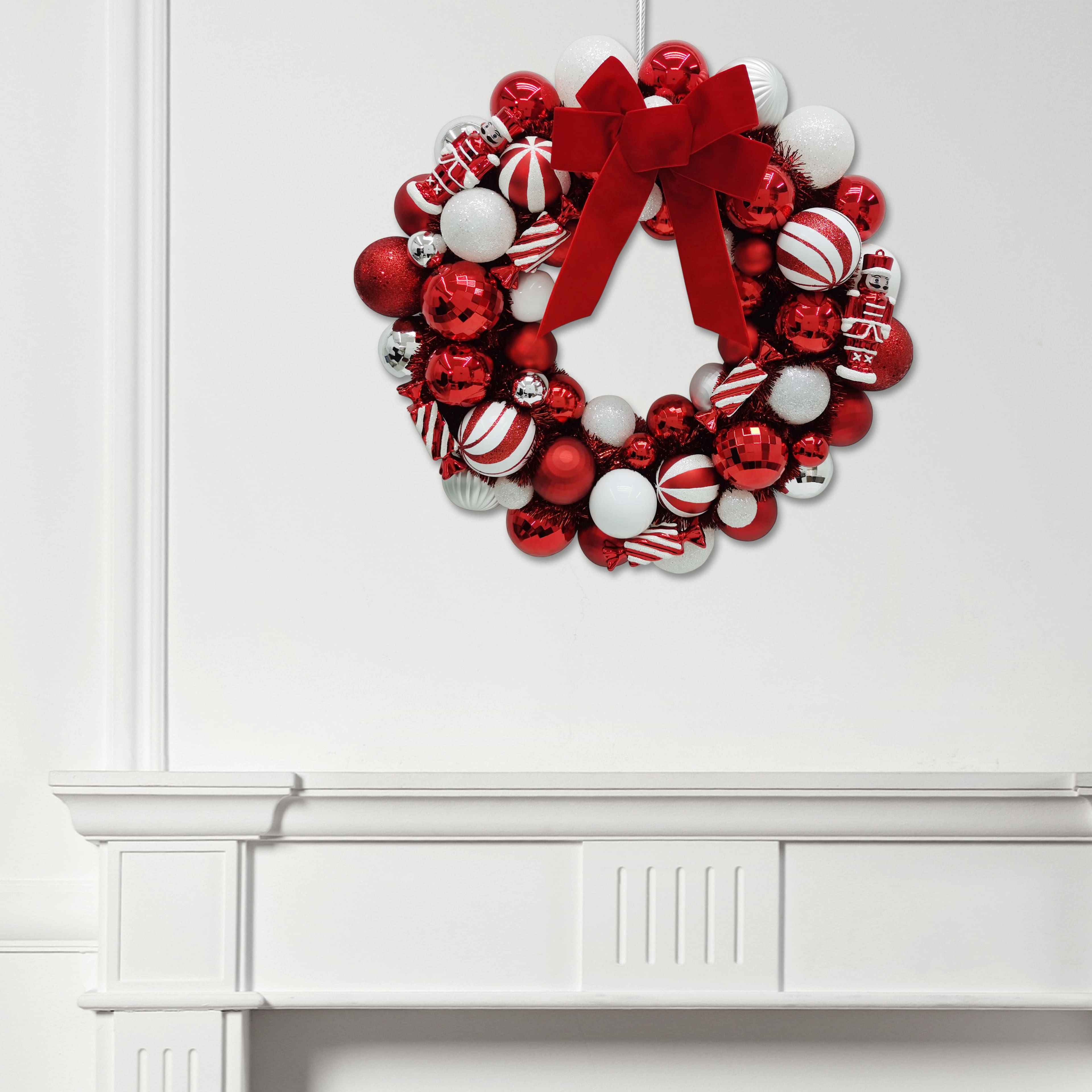 21&#x22;  Red &#x26; White Shatterproof Ornament Wreath with Bow by Ashland&#xAE;