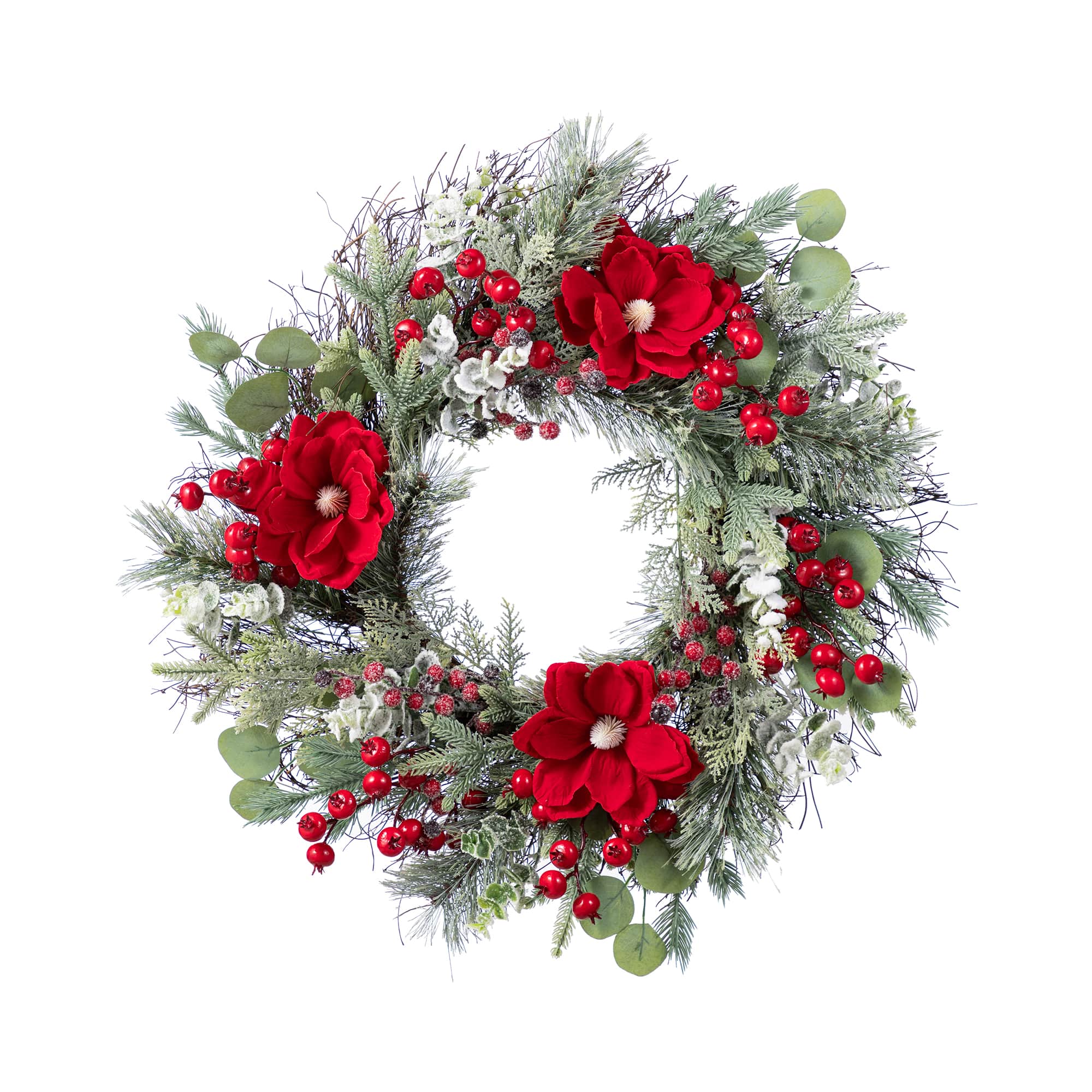 Glitzhome® 24"D Christmas Red Mangnolia & Berry Wreath