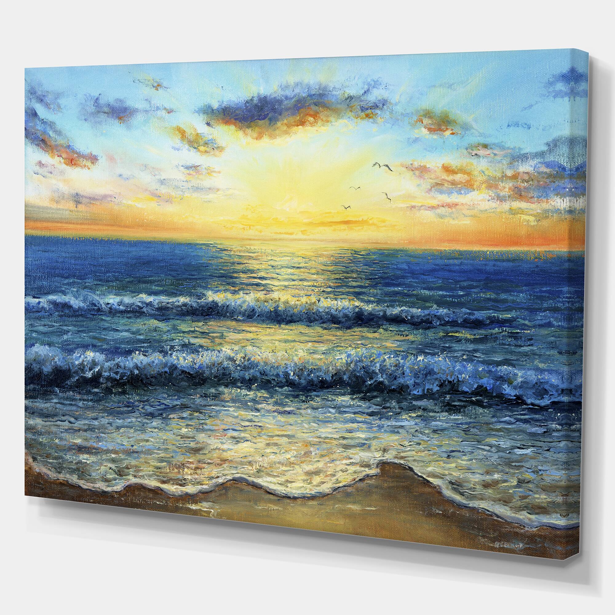 Designart - Ocean and waves at Sunrise - Sea & Shore Painting Print on Wrapped Canvas