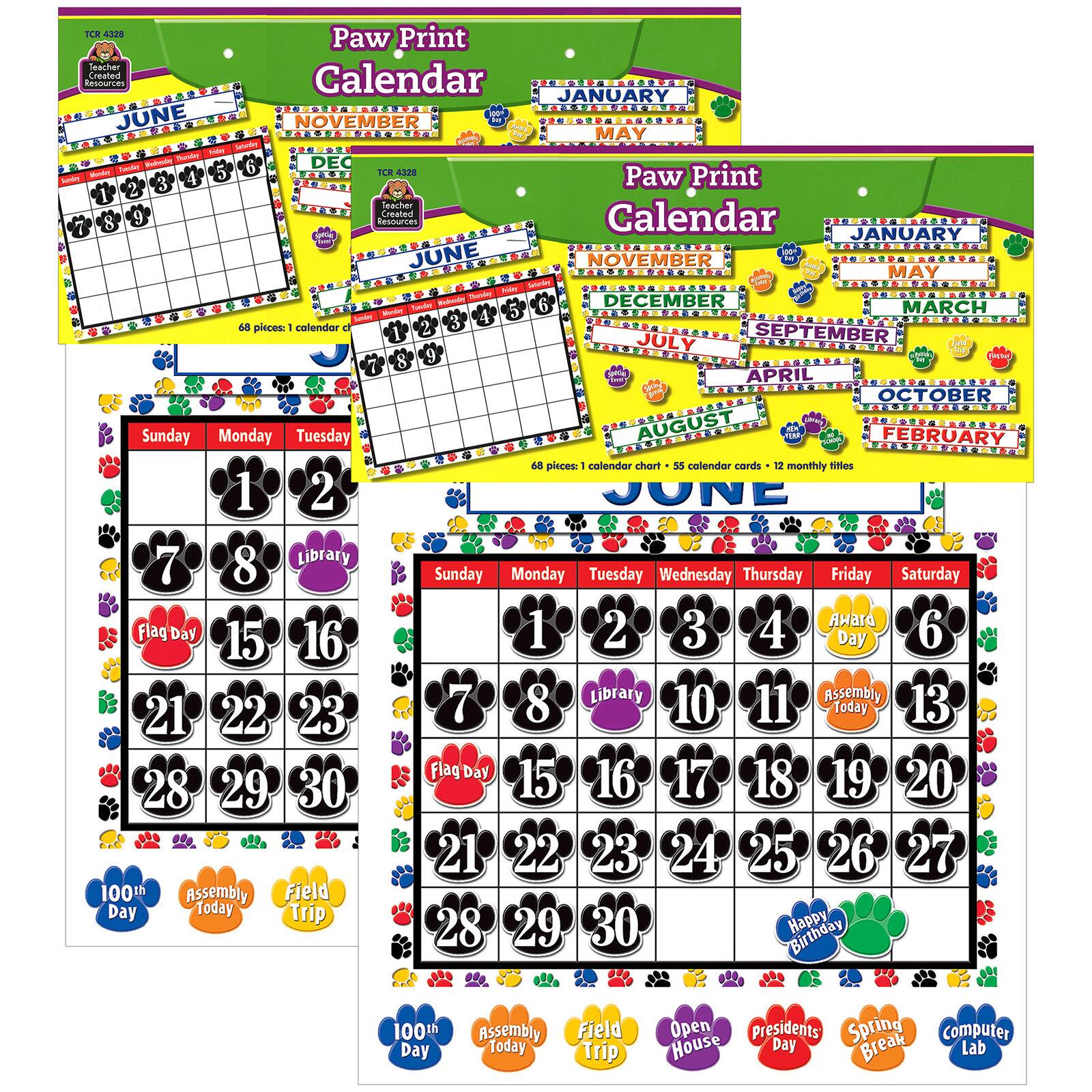 Teacher Created Resources® Colorful Paw Prints Calendar Bulletin Board Set, 2 Sets