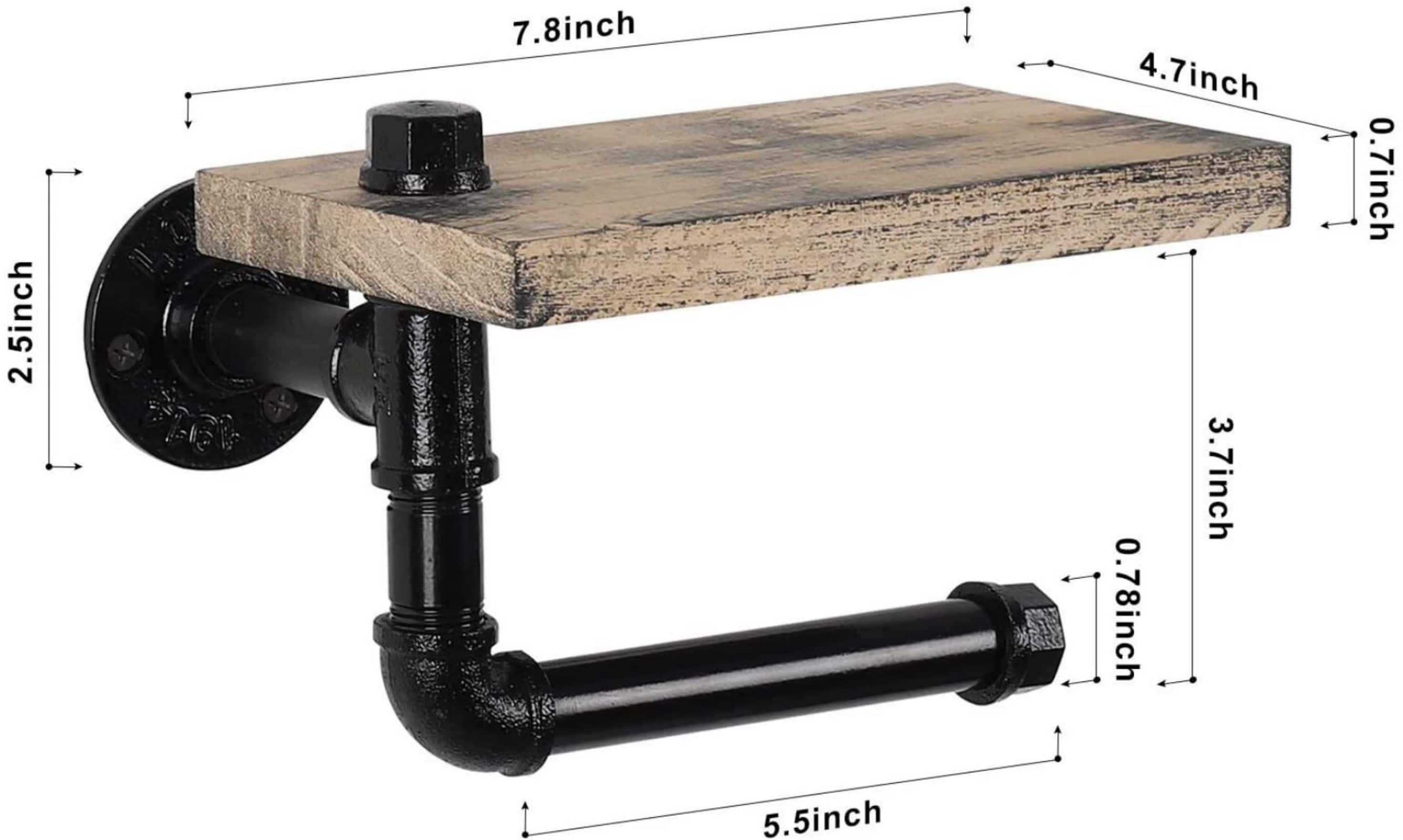 Rustic Brown Industrial Wall-Mounted Toilet Paper Holder with Wood Shelf
