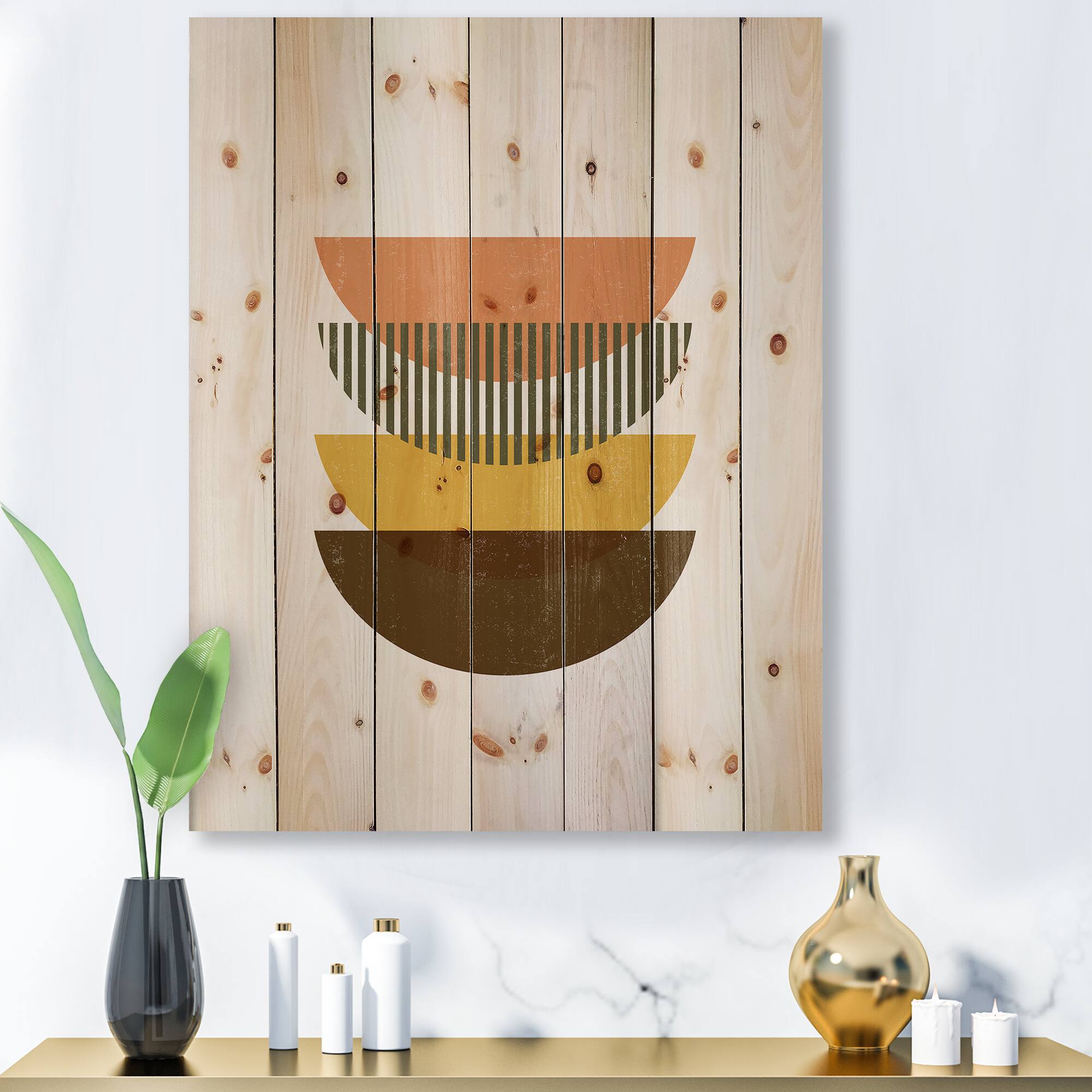 Designart - Abstract Geometric Half Moons In Earth Tones - Modern Print on Natural Pine Wood