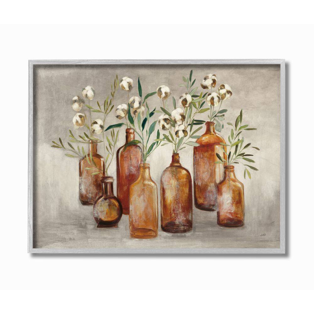 Stupell Industries Country Cotton Flower Stems in Glasses Brown Tan Painting Framed Wall Art