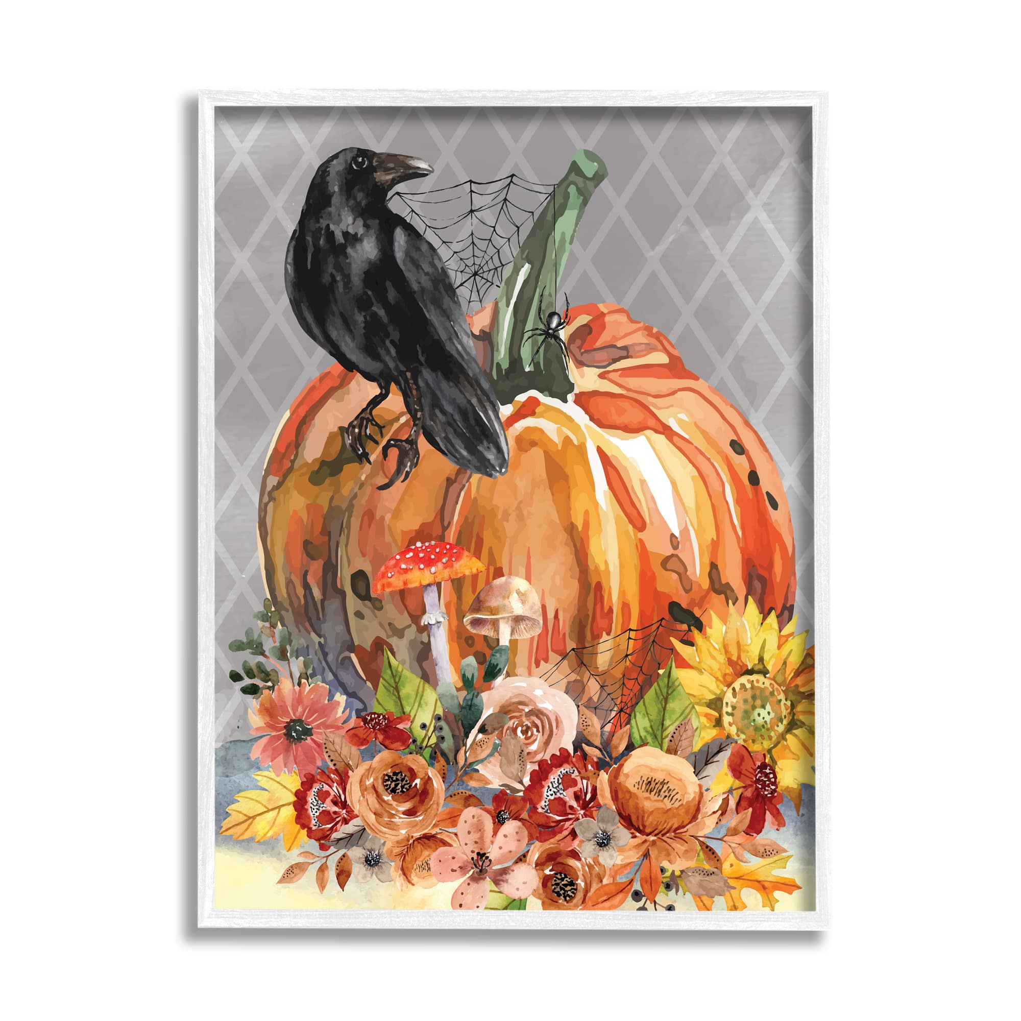 Stupell Industries Autumn Crow Pumpkin Botanicals Framed Giclee Art