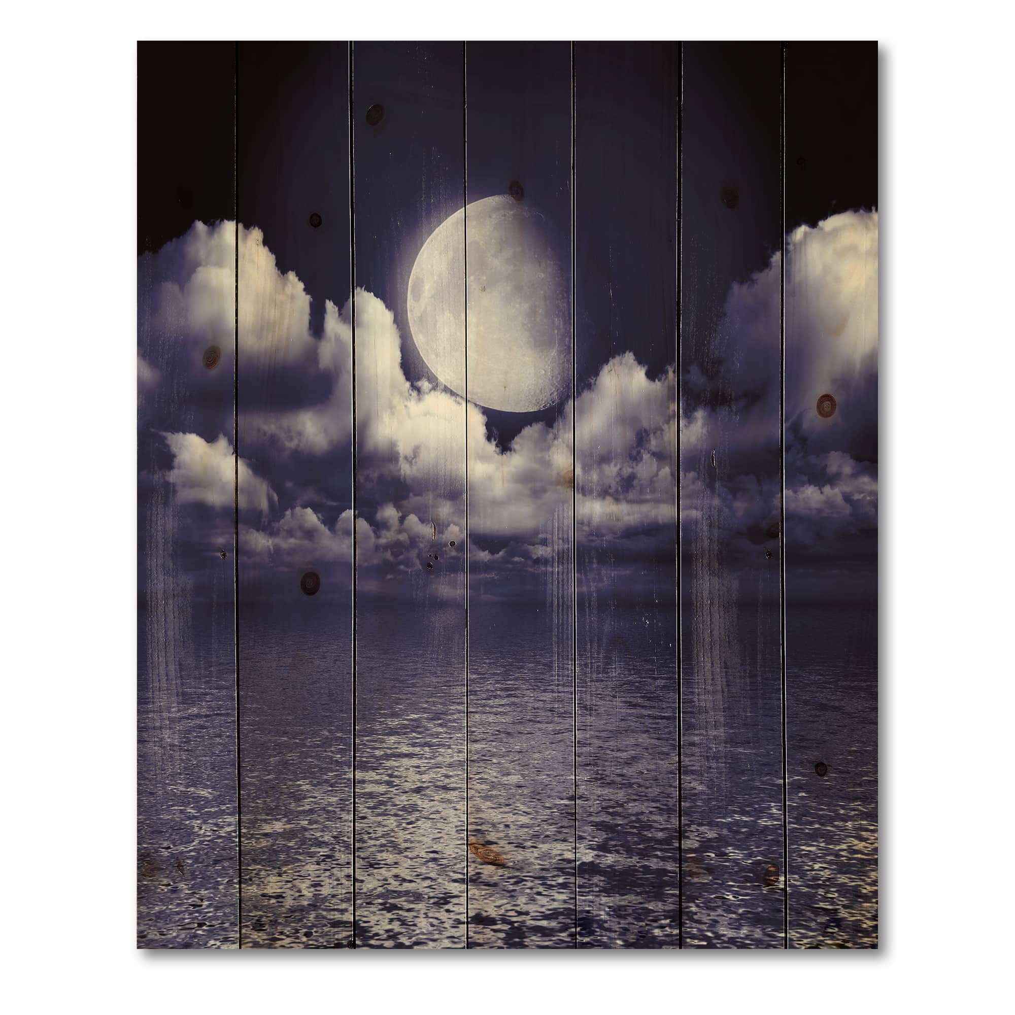 Designart - Full Moon In Cloudy Night Sky V - Nautical & Coastal Print on Natural Pine Wood