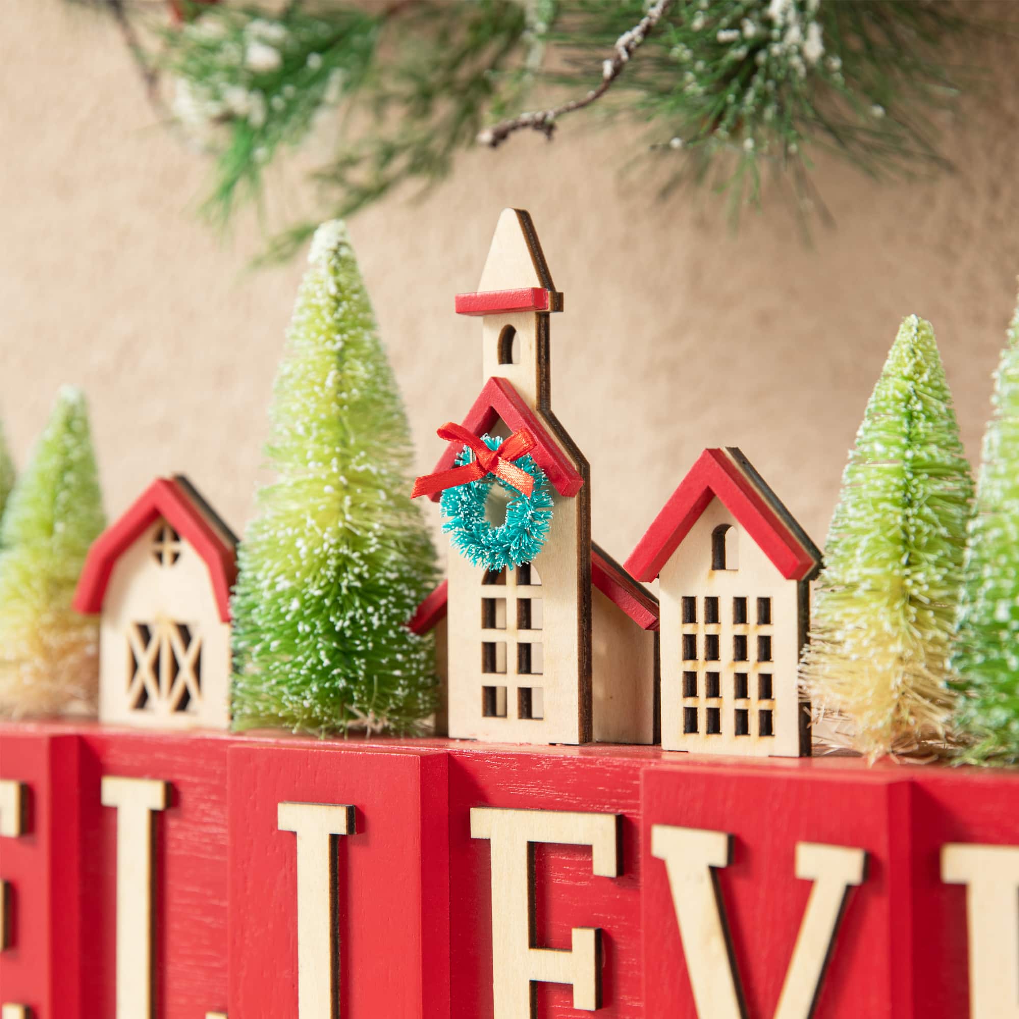 Glitzhome&#xAE; 14&#x22; Christmas Believe House &#x26; Brush Trees Table D&#xE9;cor