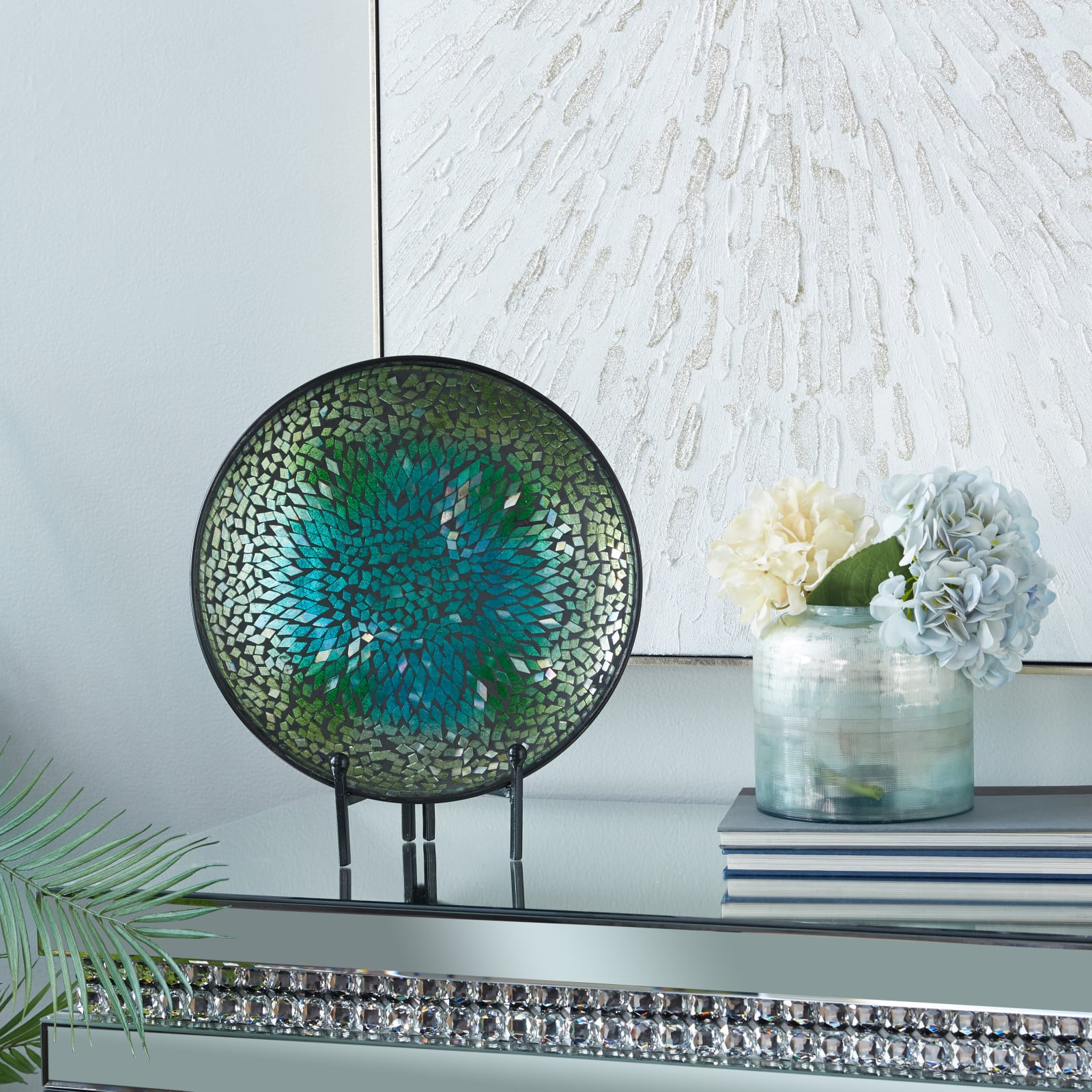 14&#x22; Green &#x26; Blue Glass Glam Decorative Plate with Stand