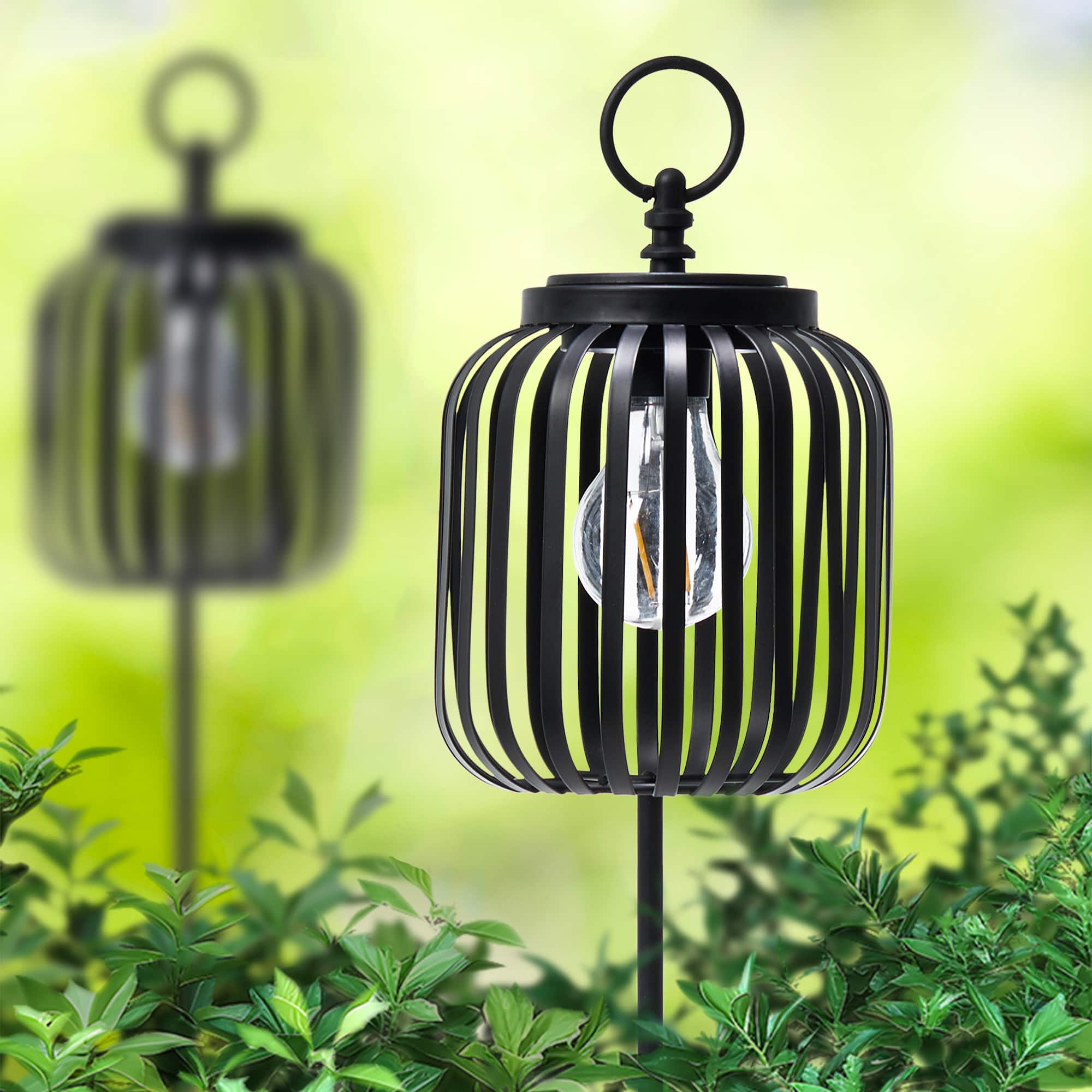 Glitzhome&#xAE; 33&#x22; Black Metal Stripes Solar Powered Outdoor Lantern