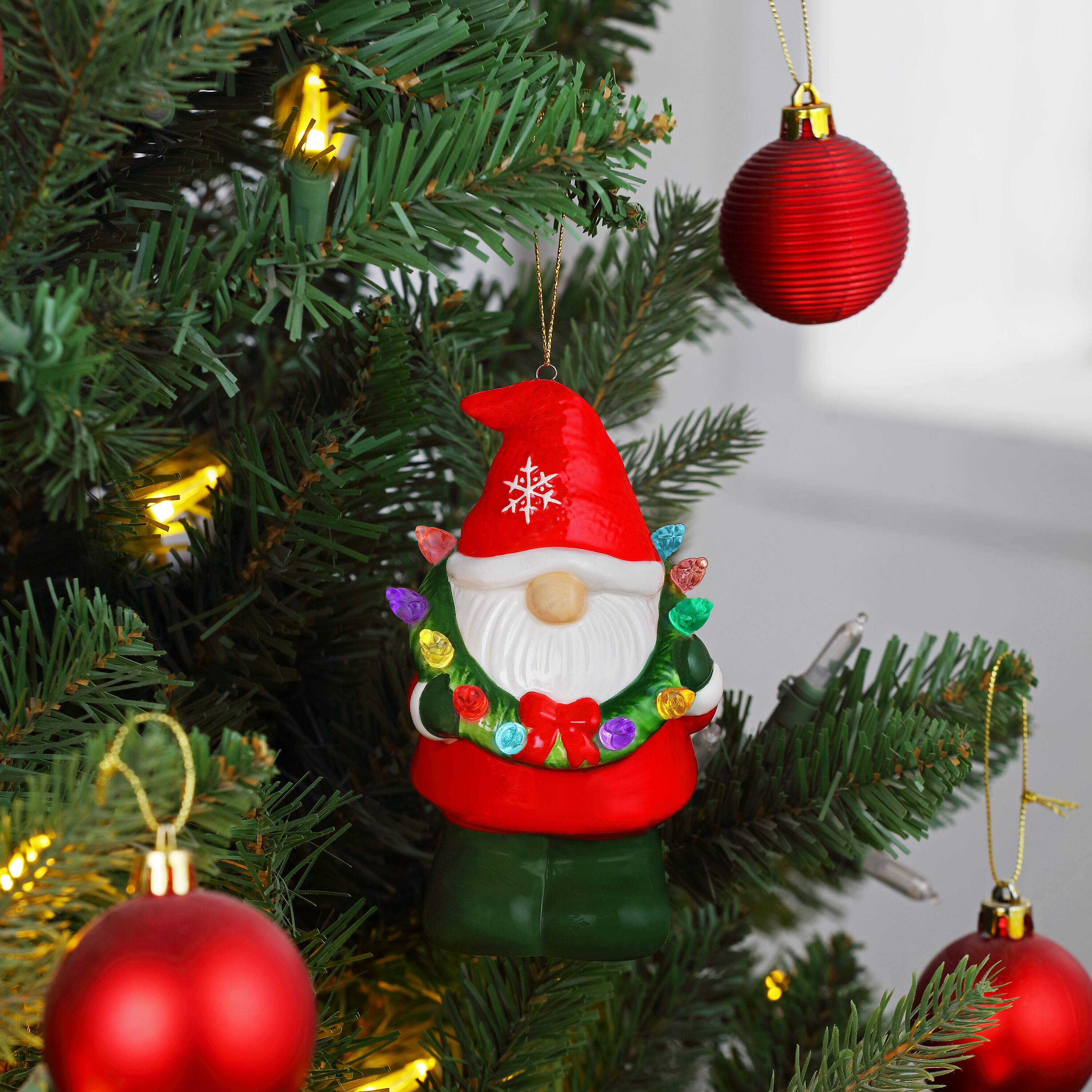 Ceramic LED Gnome with Wreath Ornament