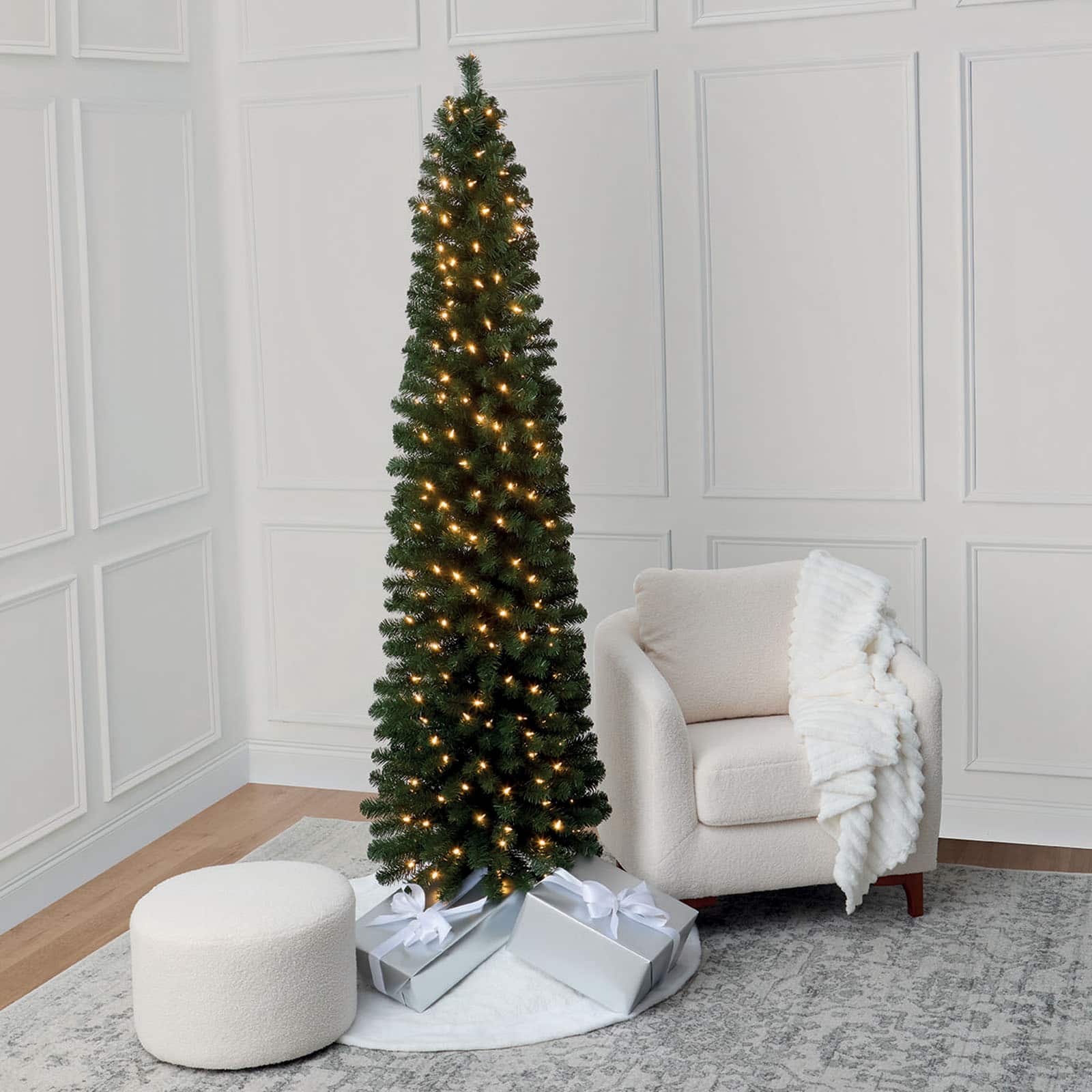7ft. Pre-Lit Pencil Artificial Christmas Tree, Warm White Mini LED Lights by Ashland&#xAE;