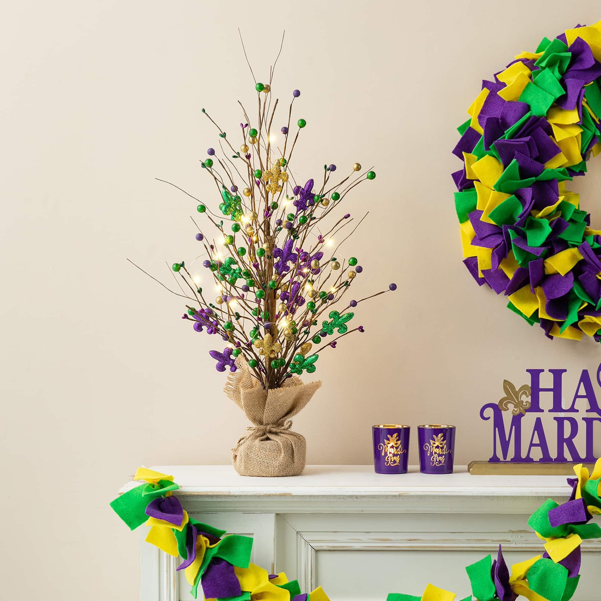 Glitzhome&#xAE; 21&#x22; Lighted Mardi Gras Fleur-de-Lis &#x26; Berry Table Tree