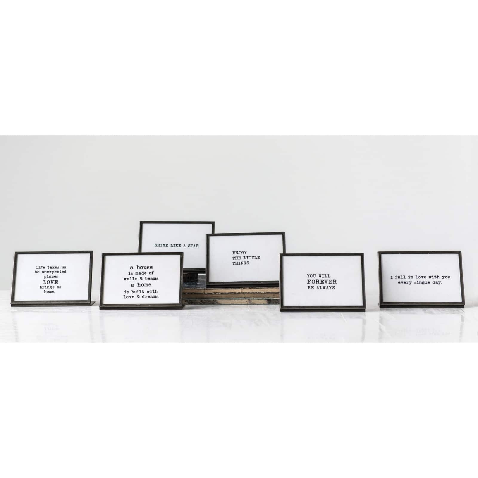 Hello Honey® 4" White with Black Inspirational Text Metal Table Frames, 6ct.