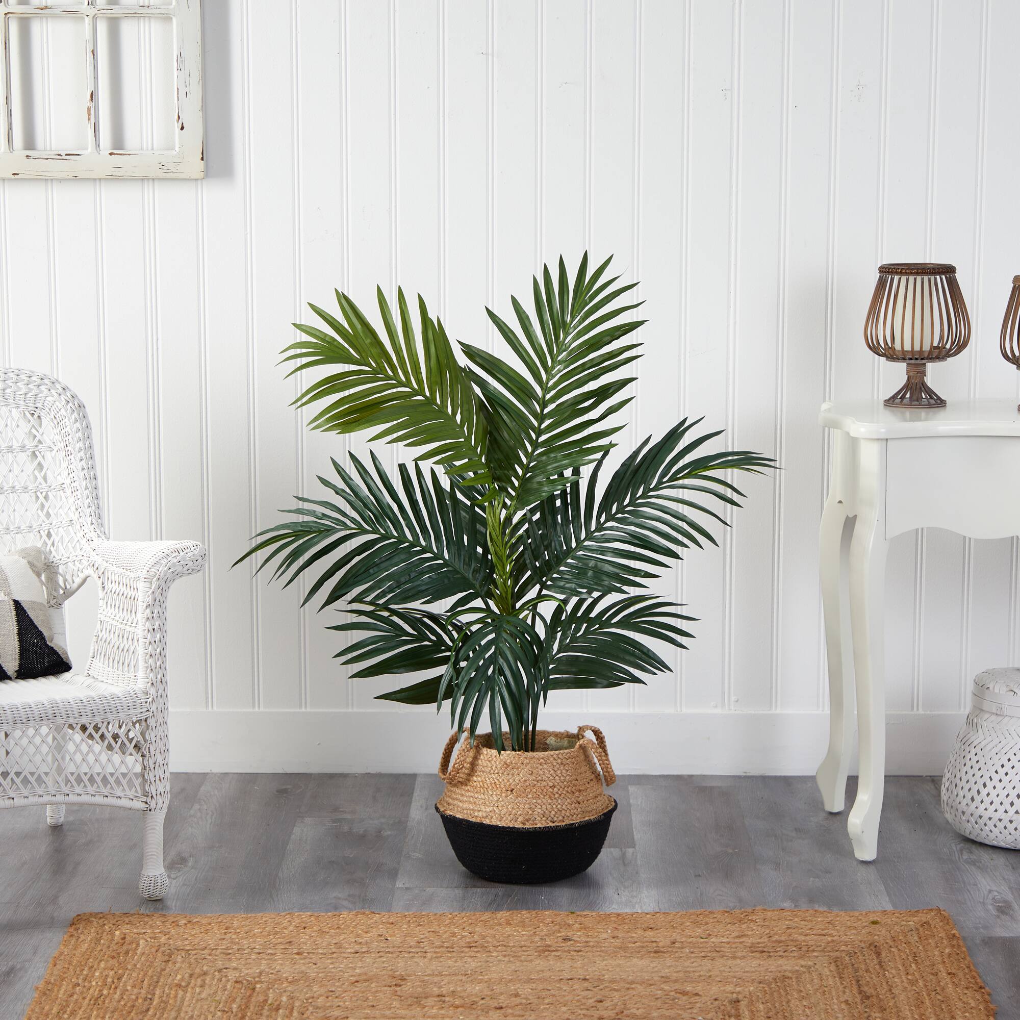 4ft. Kentia Palm Artificial Tree in Boho Chic Handmade Cotton &#x26; Jute Black Woven Planter