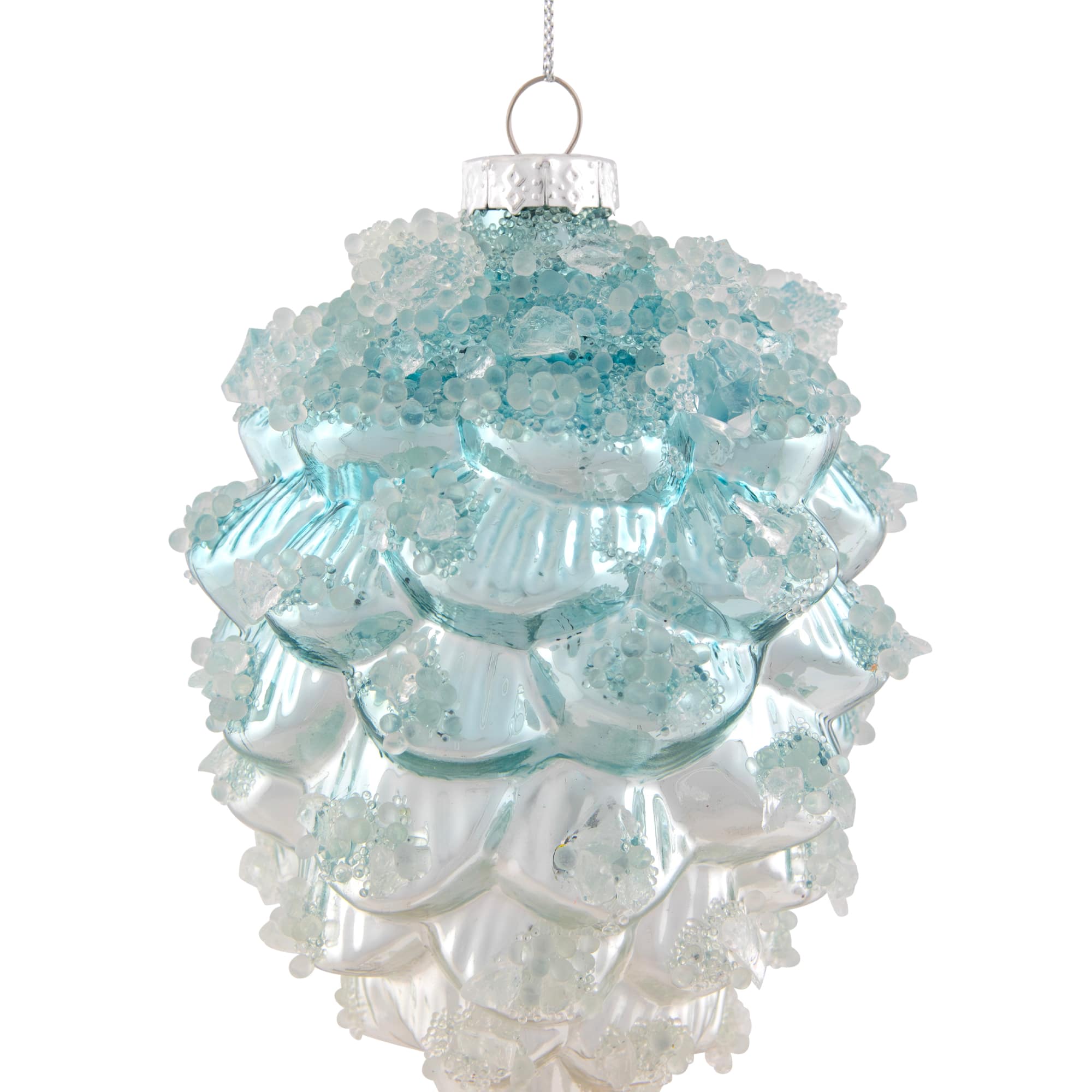 Icy Pine Cone Glass Christmas Ornament - 4.75&#x22; - Blue and White