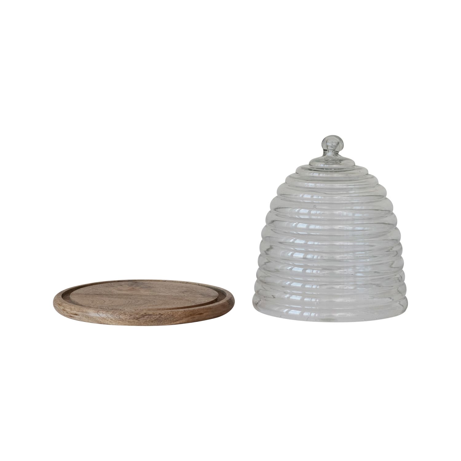 Hello Honey® 11.5" Clear & Natural Reclaimed Etched Glass Beehive Shaped Cloche with Mango Wood Base