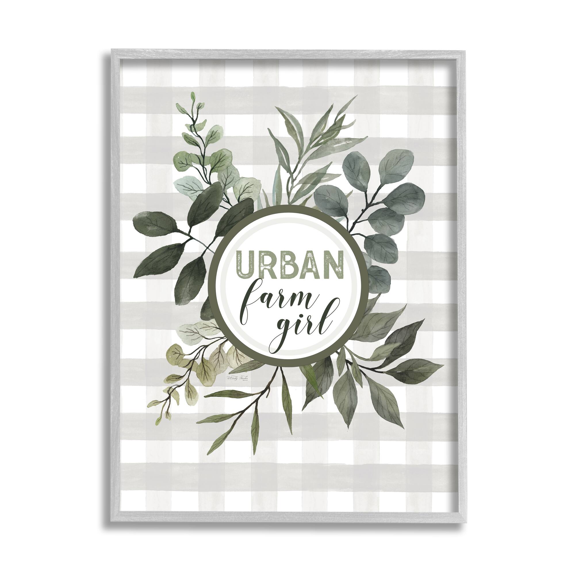 Stupell Industries Urban Farm Girl Phrase Botanical Branches Soft Plaid Framed Wall Art