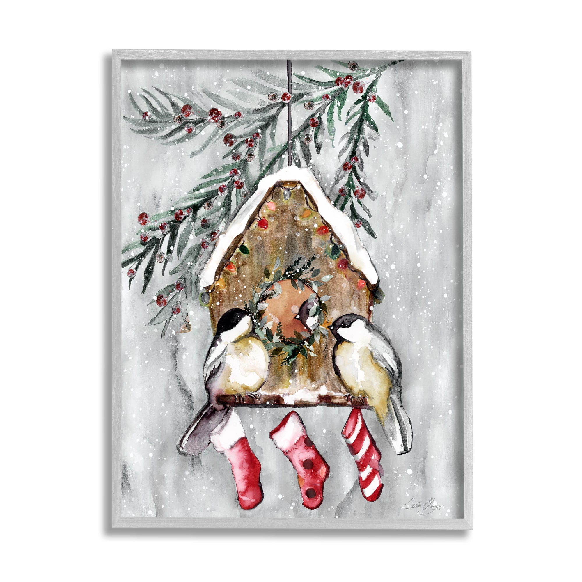 Stupell Industries Holiday Stockings Birdhouse Perched Framed Giclee Art