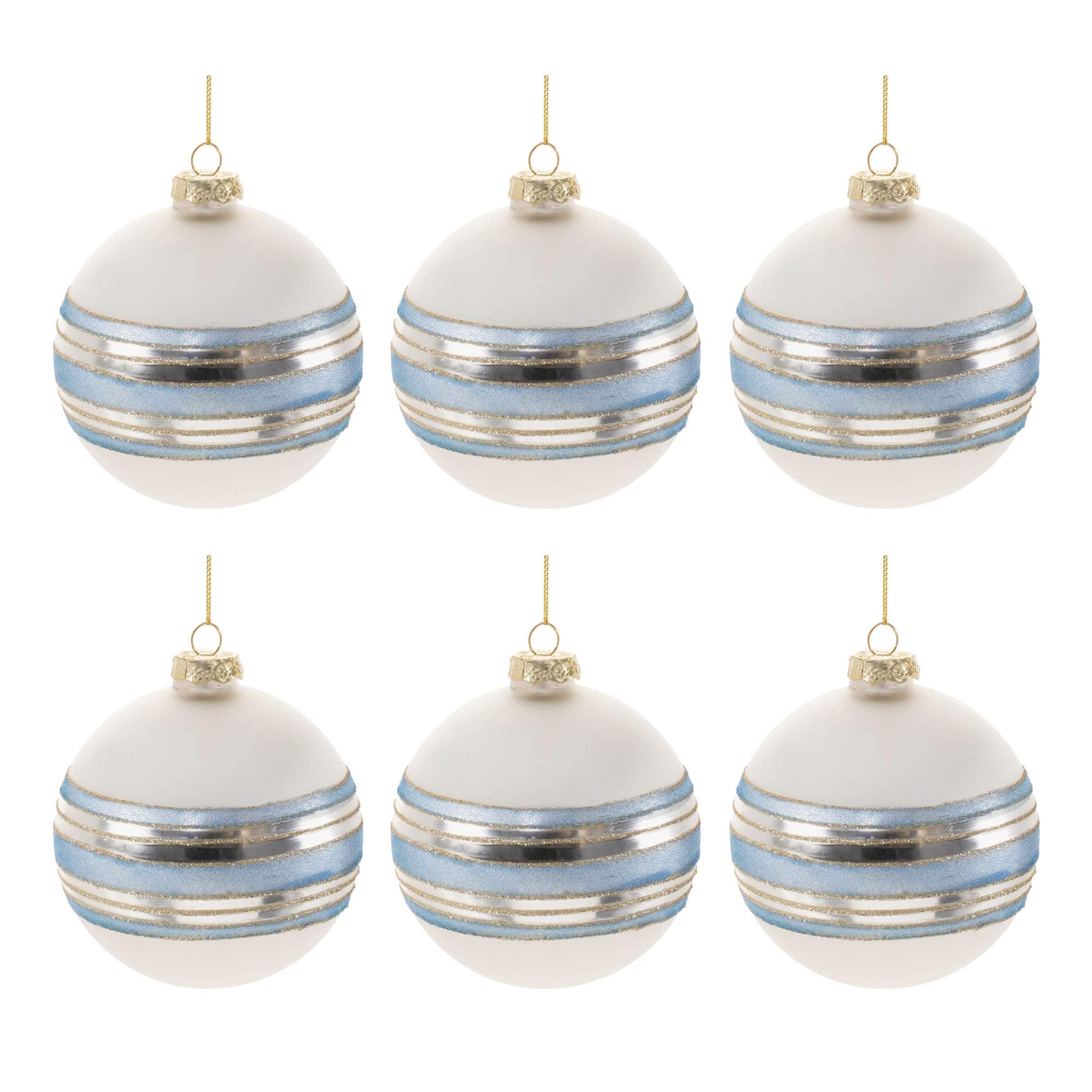 Blue and Silver Striped Glass Ball Ornament Set