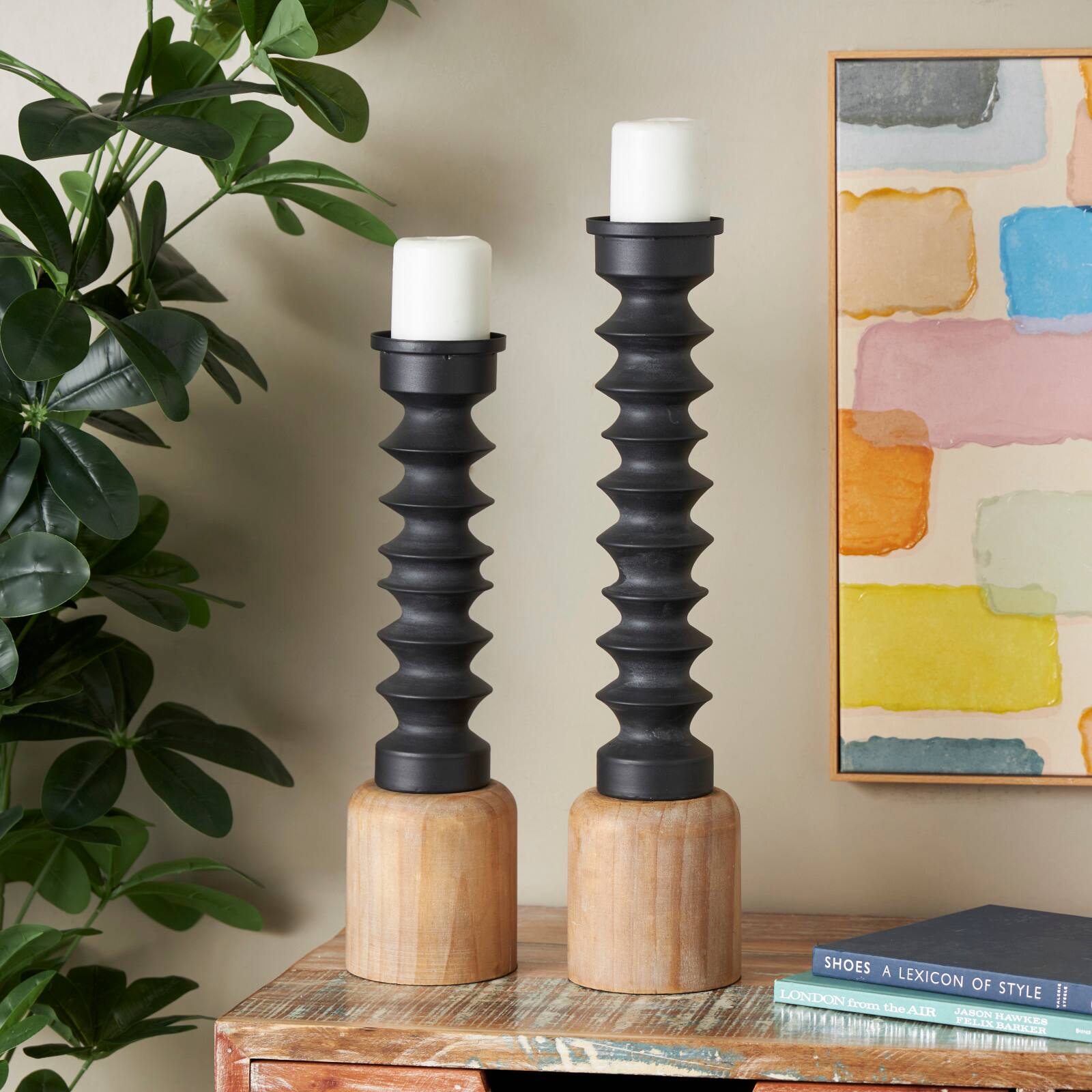 Black Metal Turned Style Pillar Candle Holder with Brown Wood Bases Set