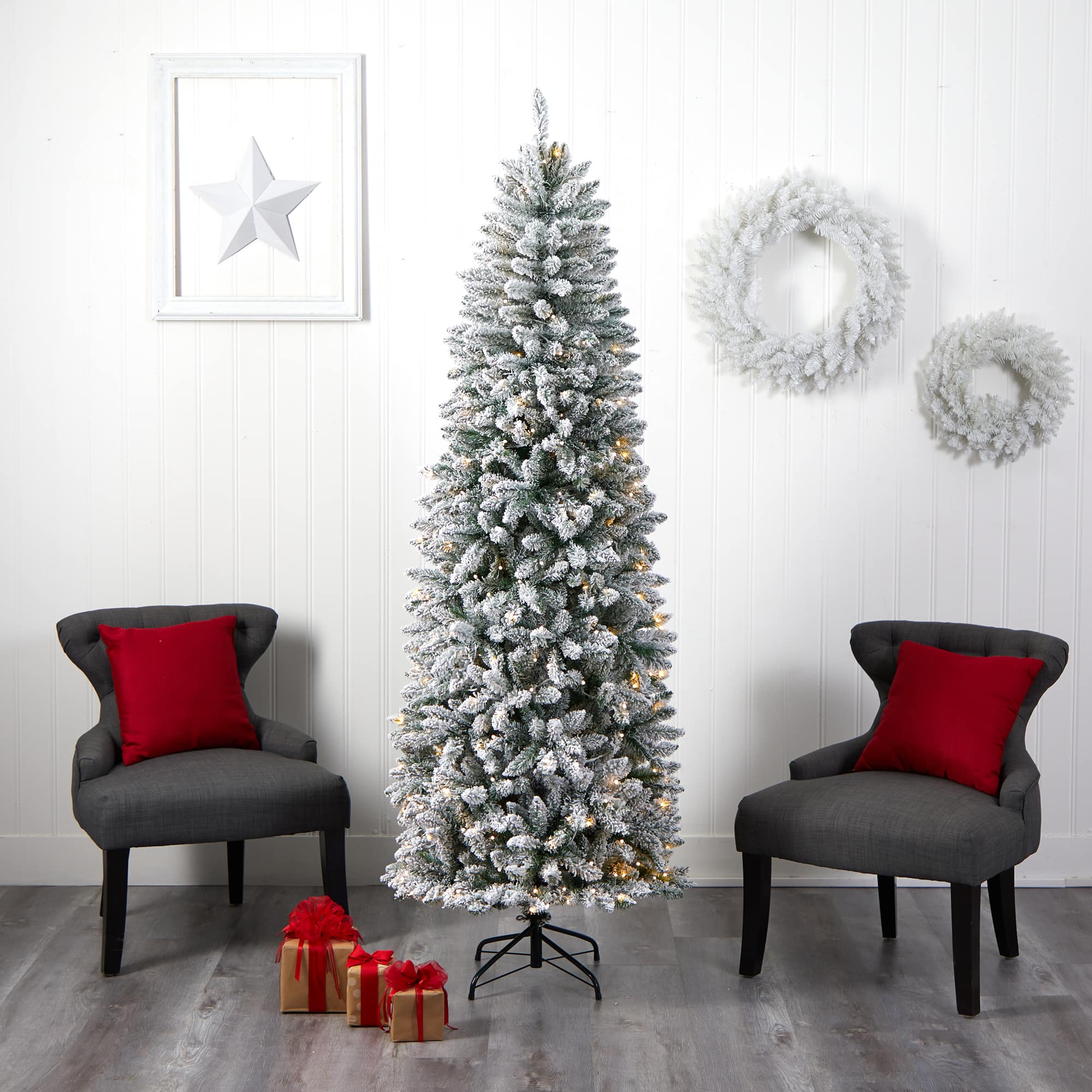 7ft. Pre-Lit Flocked Montreal Fir Artificial Christmas Tree, Warm White LED Lights