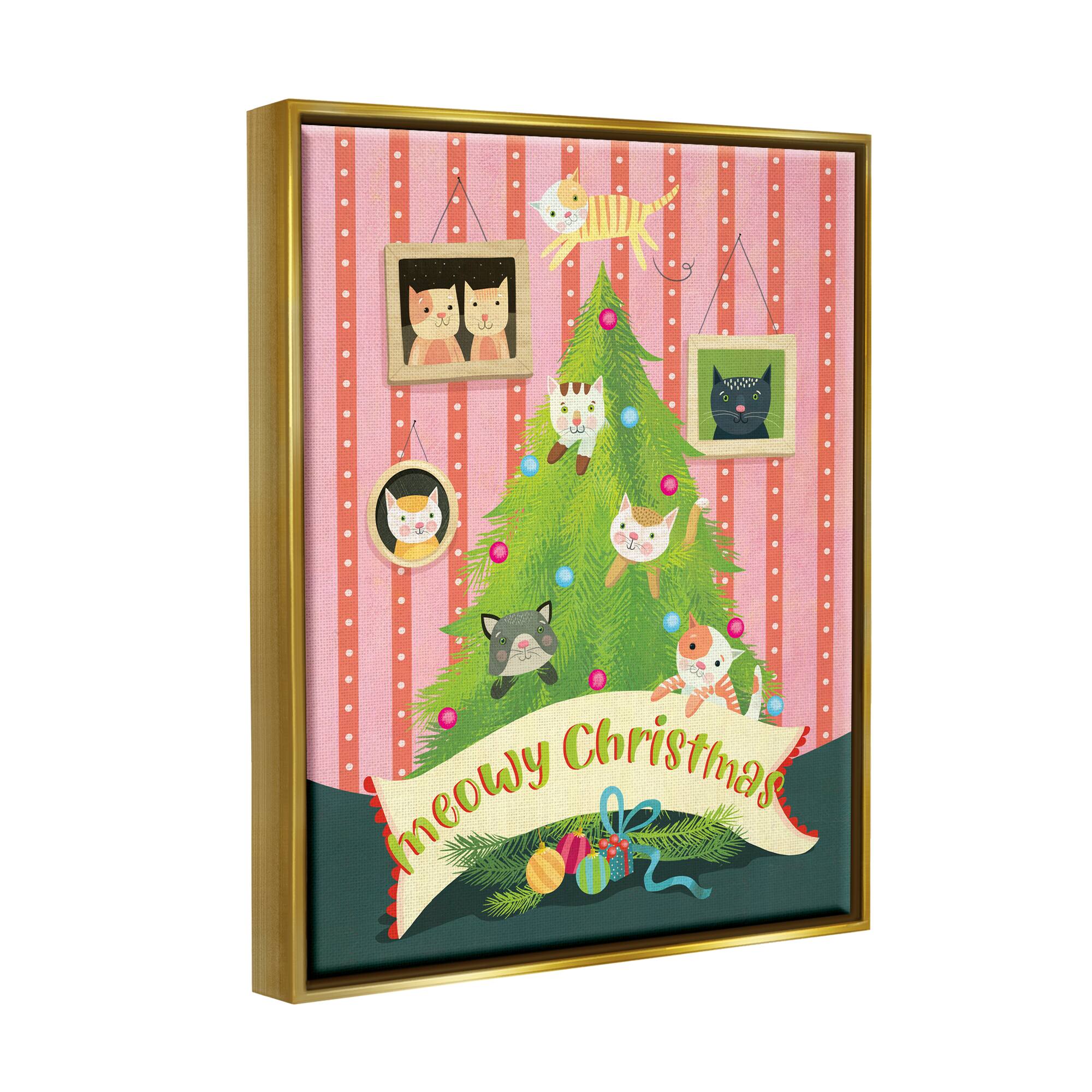 Stupell Industries Meowy Christmas Cat Tree Framed Floater Canvas Wall Art