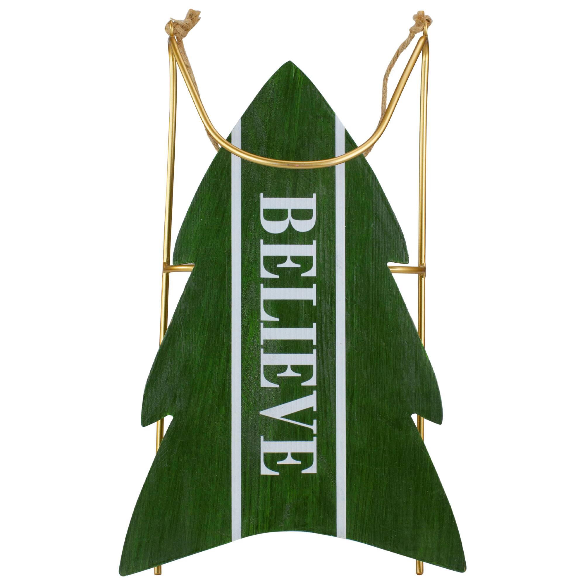 18.25'' Green Wooden Believe Christmas Snow Sled Decoration