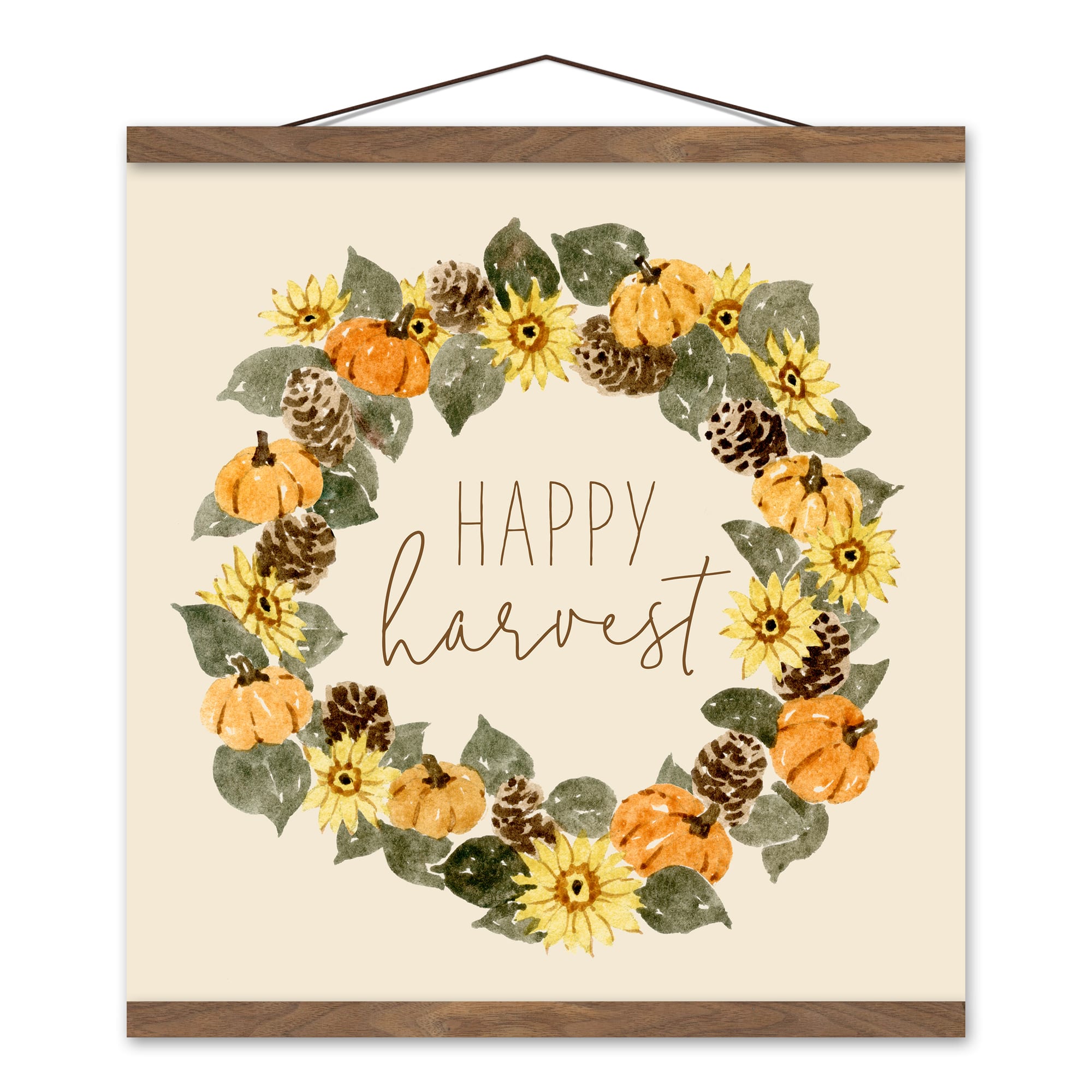 Happy Harvest Sunflower Wreath Teak Hanging Canvas