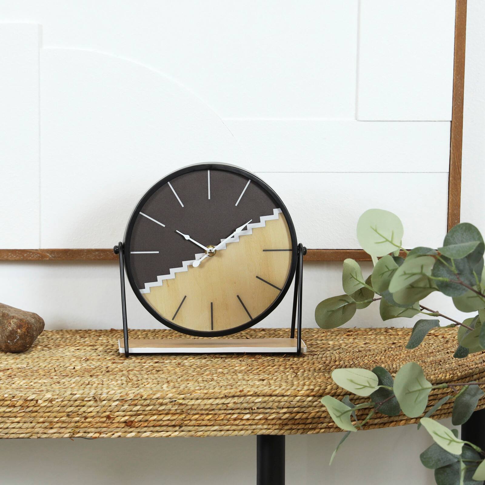 9&#x22; Black Metal Geometric Clock with Faux Wood Accents