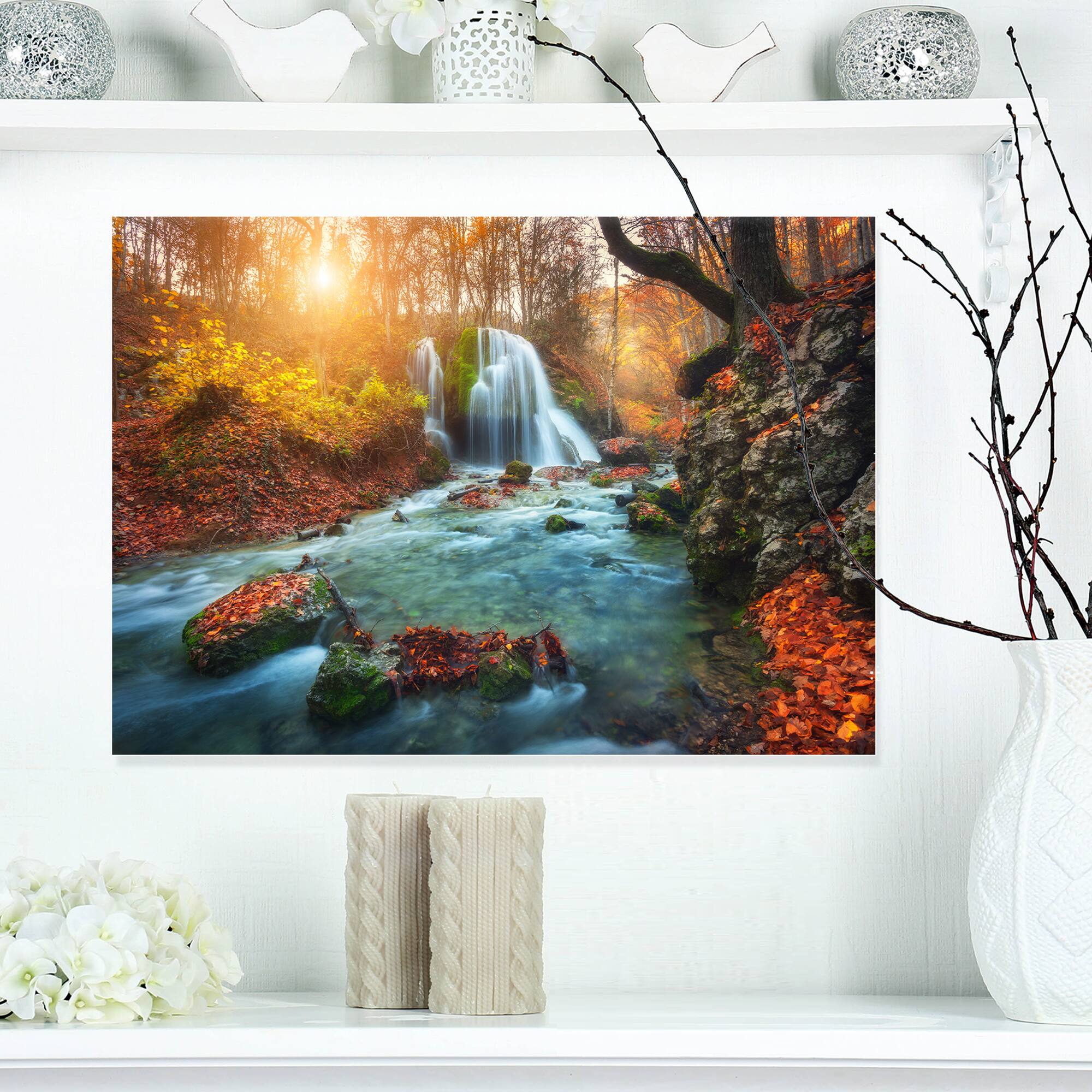Designart - Fast Flowing Fall River in Forest - Landscape Photography Canvas Print