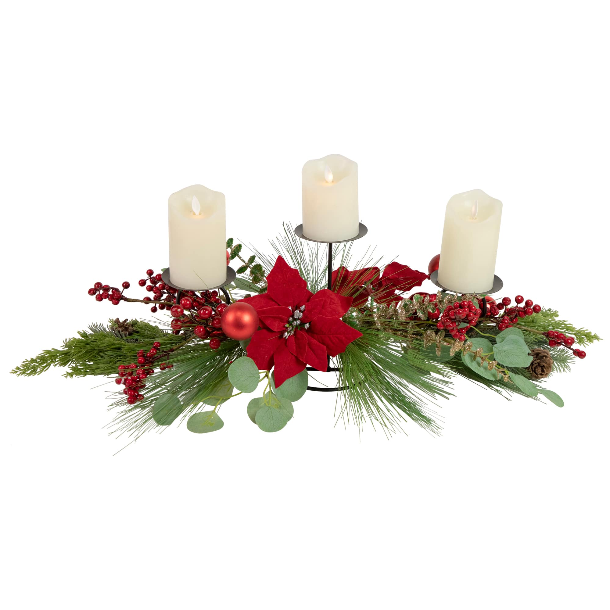 32" Triple Candle Holder With Red Berry & Poinsettia Christmas Décor
