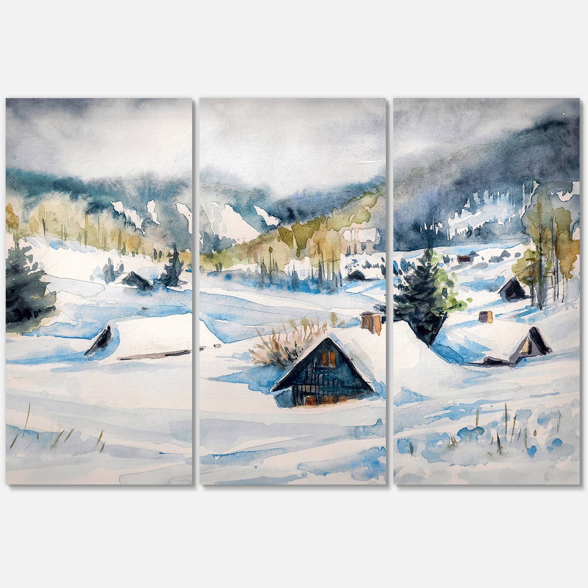 Designart - Mountain Village In Winter - Traditional Canvas Wall Art Print