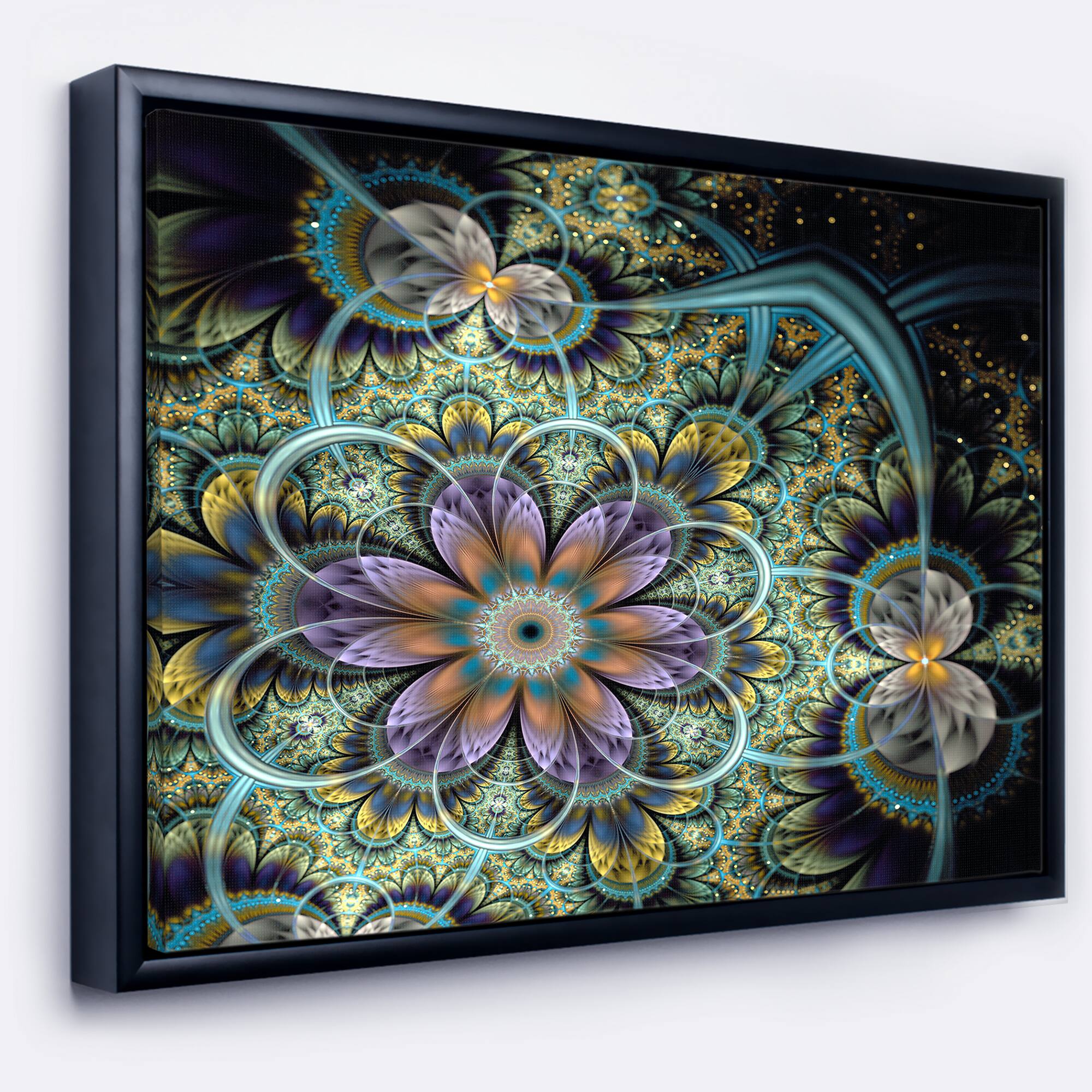 Designart - Symmetrical Green Fractal Flower - Large Floral Art Canvas Print in Black Frame