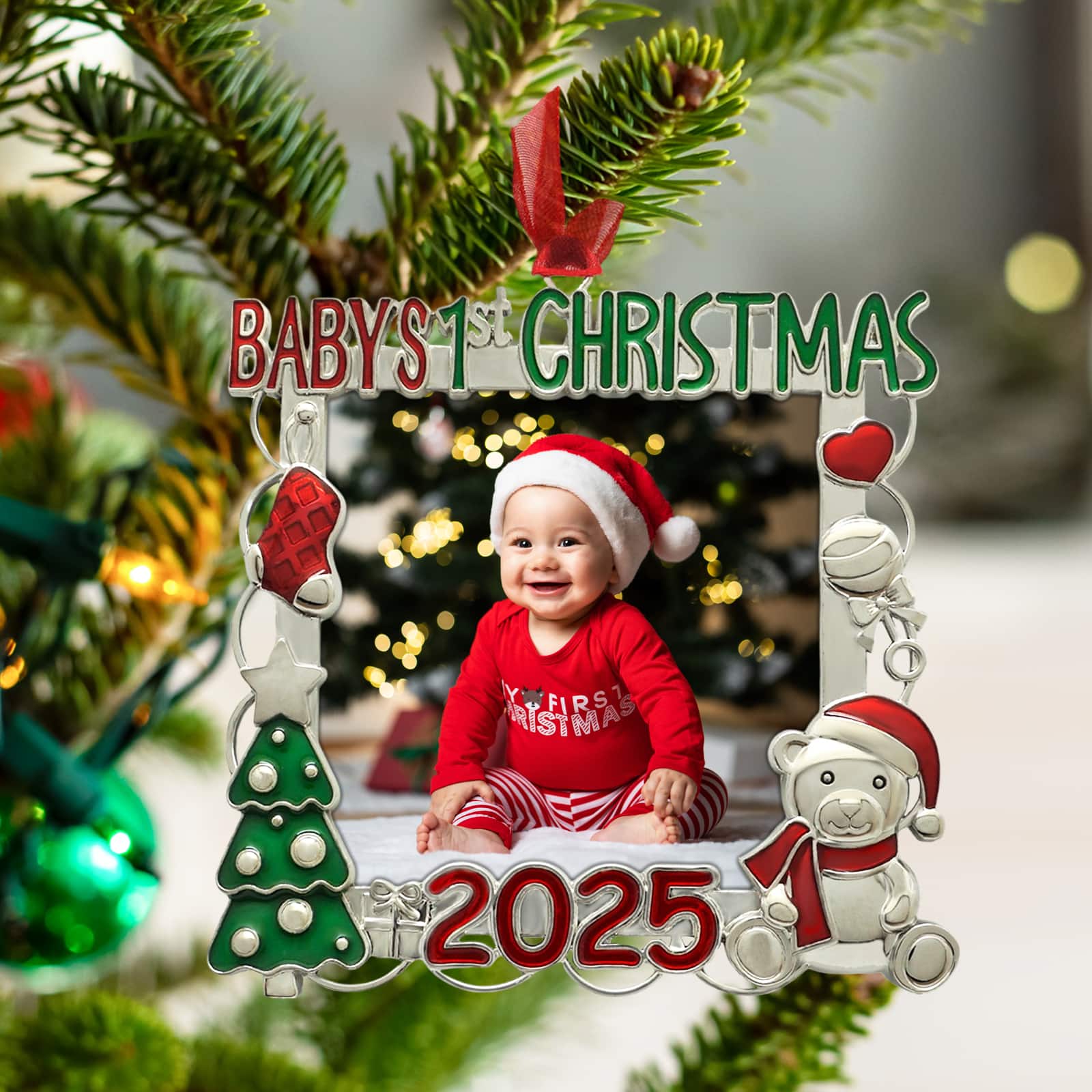2.25&#x22; x 2.25&#x22; Silver, Red &#x26; Green Baby&#x27;s 1st Christmas 2025 Ornament Frame by Studio D&#xE9;cor&#xAE;