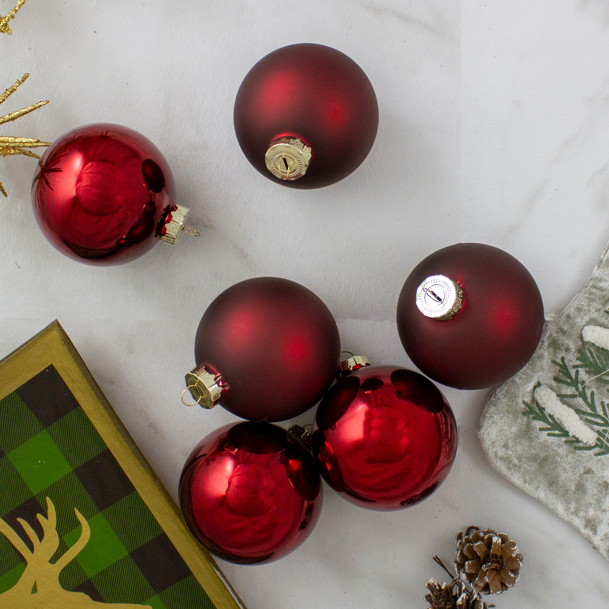 6ct. 3" Burgundy Red 2-Finish Glass Ball Ornaments