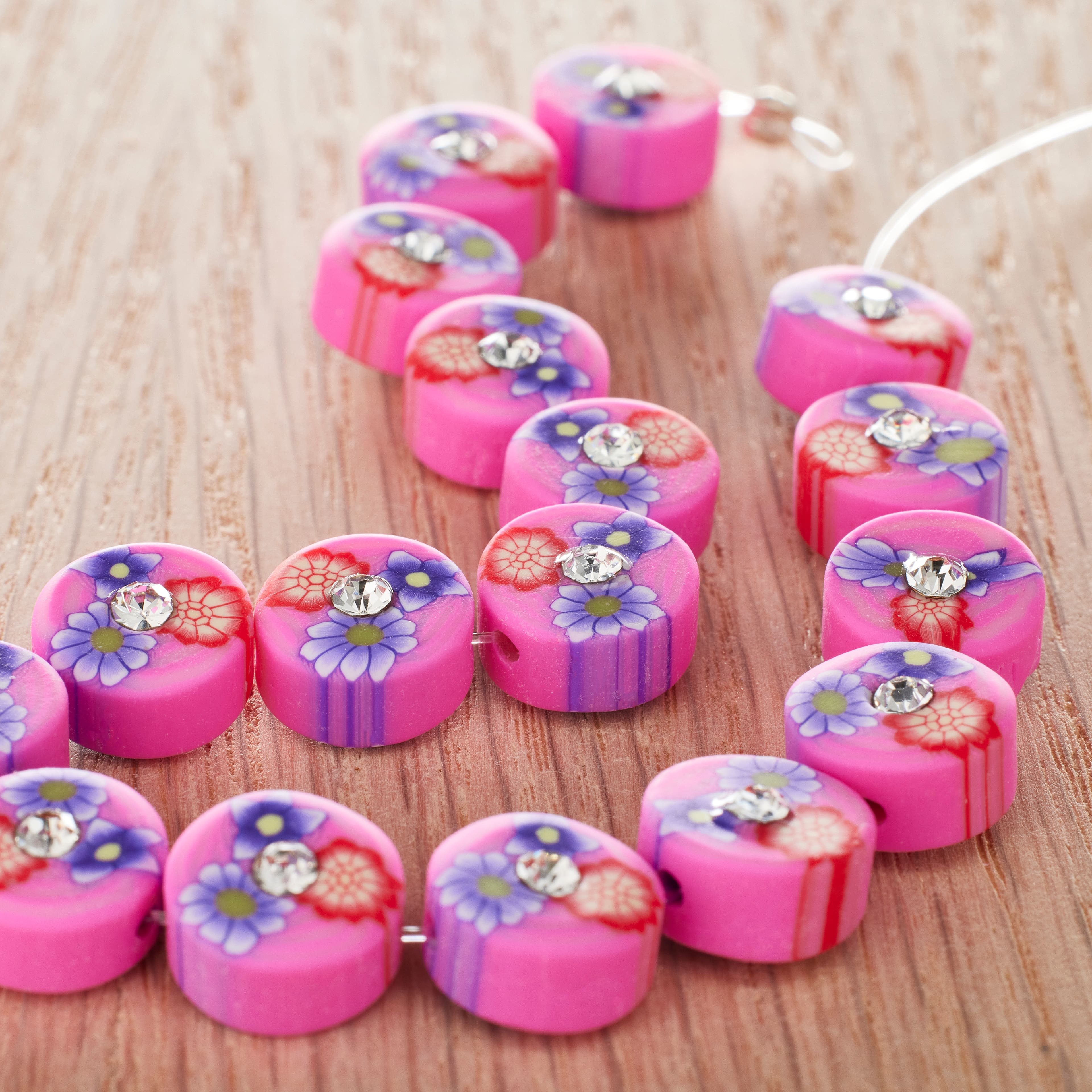 Pink Flower Rhinestone Clay Lentil Beads, 10mm by Bead Landing&#x2122;