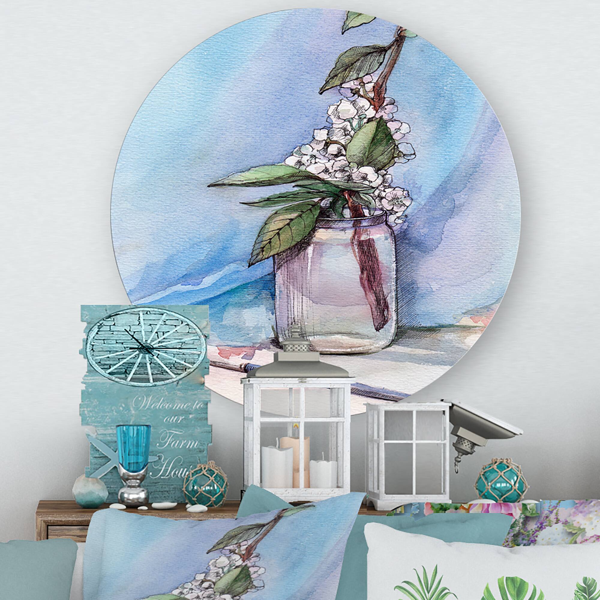 Designart - Cherry Blossom In Glass Jar - Farmhouse Metal Circle Wall Art